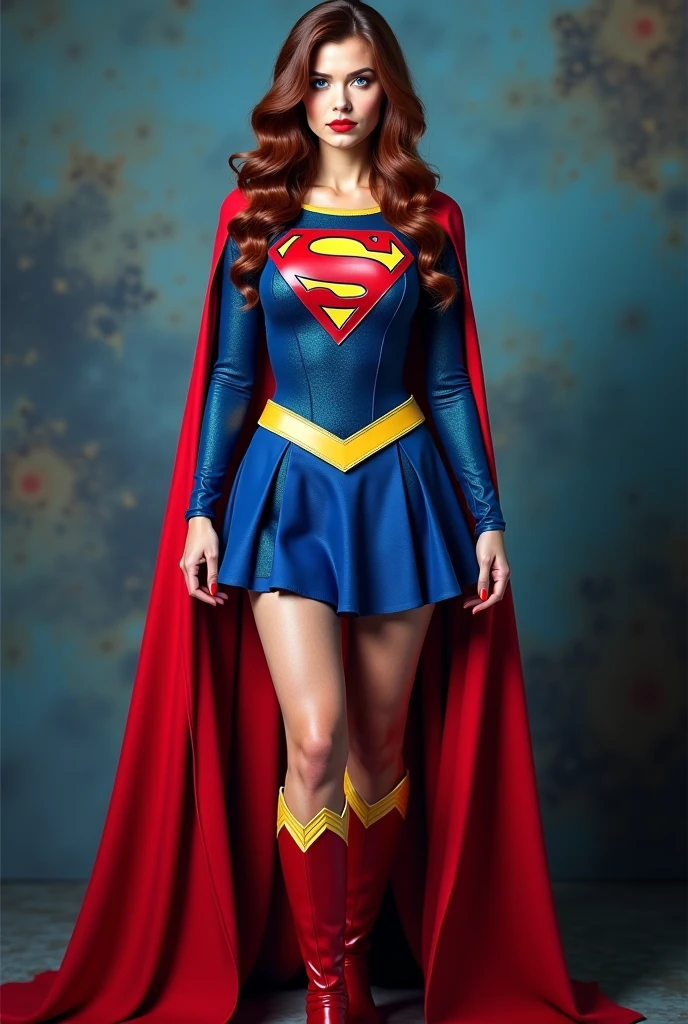Superwoman wears a vibrant blue bodysuit with a bold, red 'S' logo on her chest, a matching blue skirt, a flowing red cape draped over her shoulders, and stylish red boots. Her hair flows freely in soft waves, and she stands confidently with one hand on her hip