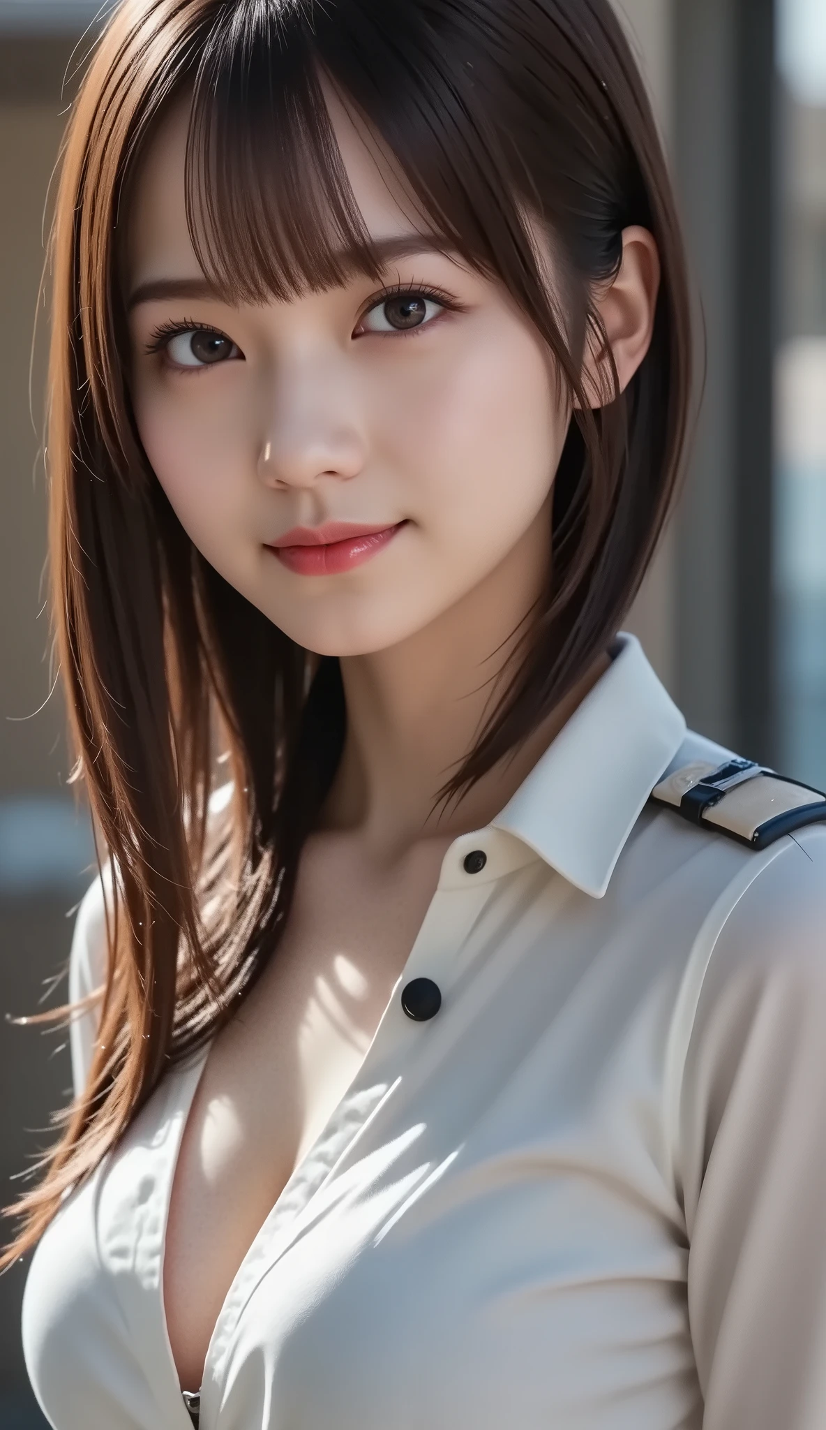 (a state where the face is accurately positioned in the center of the image: 1.5), (upper breast: 1.5), (fully reflects the entire head: 1.5), (Face clearly visible: 1.2)、 (Female police officer : 1.5), (Jail : 1.5), long hair、bangs, smile, young and cute japanese face , official art, high image quality CG Unity 8k wallpaper,Ultra high image quality , very well detailed, high image quality , film grain , lens flare glow , Best Quality ,8k, as a portrait shot ,8k, viewer , (( masterpiece)), (( Best Quality )), ( very well detailed), (( it's cute )), (( sexy)), (( very well detailedな)), ( Detail Wear Features ), ( beautiful), illustration of a woman with a penis , beautiful Japanese woman, (( ladies 1 )), (Tight Chest : 1.3)