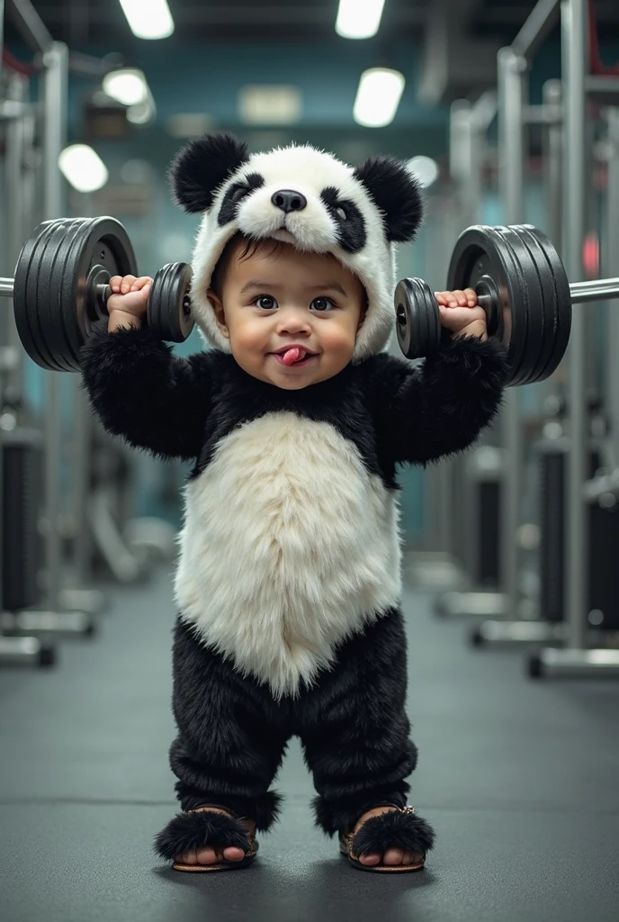 4K HD quality,Ridily scene details,A cute chubby ,Double bun and bangs,Wear a white panda hood,Very happy,lifting weights,full body shot shot
