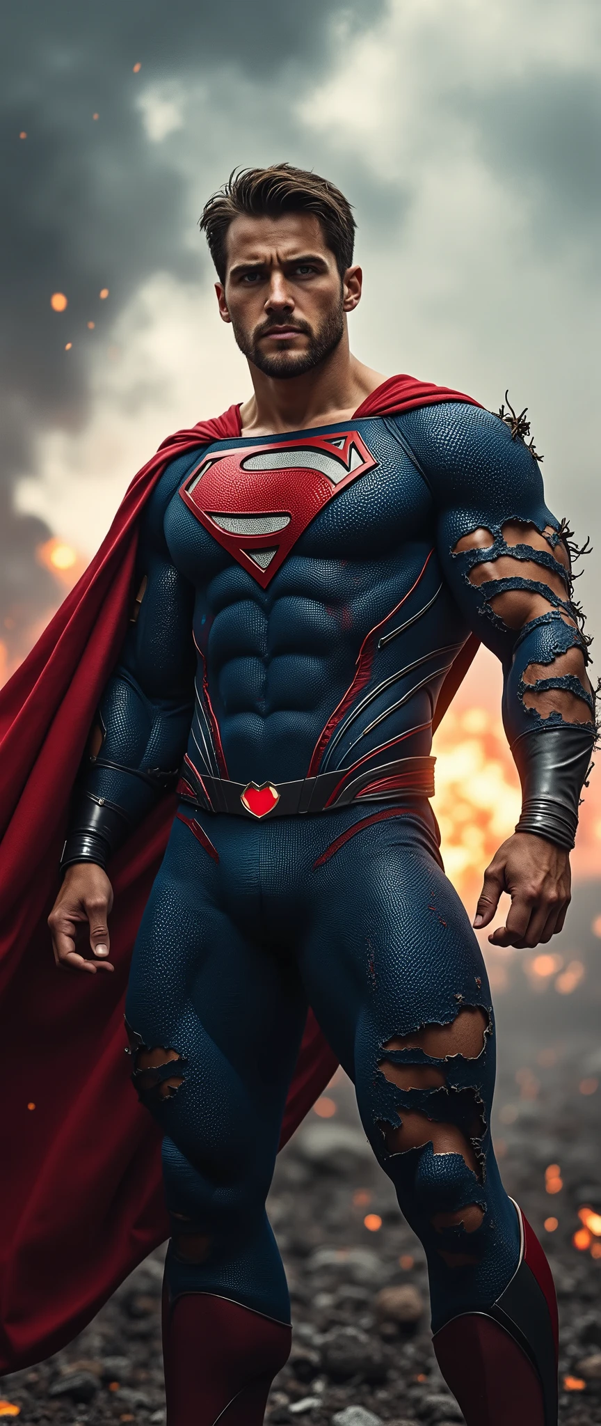 attractive European Man, ericjanicki, Handsome, short brunette hair, 30 years old, a Supehero stands confidently with his iconic red and blue costume in shambles, ripped and torn in various places, exposing toned and detailed skin beneath, revealing a generous amount of his chest. His eyes gleam with determination and strength as he poses in a powerful stance, his muscles rippling beneath the tattered fabric of his suit. outdoor, The background is intense,with Dark clouds and fiery embers, with ash flakes falling around the character