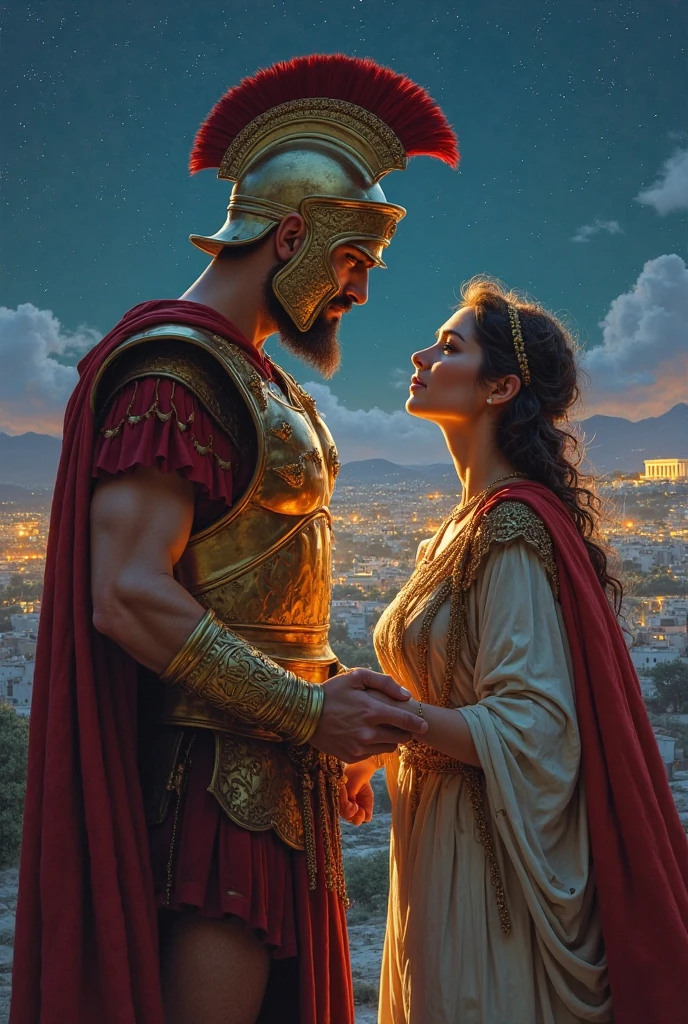 Create a detailed digital illustration of Medusa and Athena facing each other. Medusa should be depicted with her iconic snake hair, a mix of fear and sadness in her eyes, and a defensive stance. Her appearance should balance beauty and menace. Athena, the goddess of wisdom and war, stands tall and imposing, wearing her traditional armor with a spear in one hand and a shield in the other, adorned with the emblem of the owl. The background should reflect ancient Greek architecture with a dark, stormy sky hinting at the tension between them. Athena give her hand to Medusa.