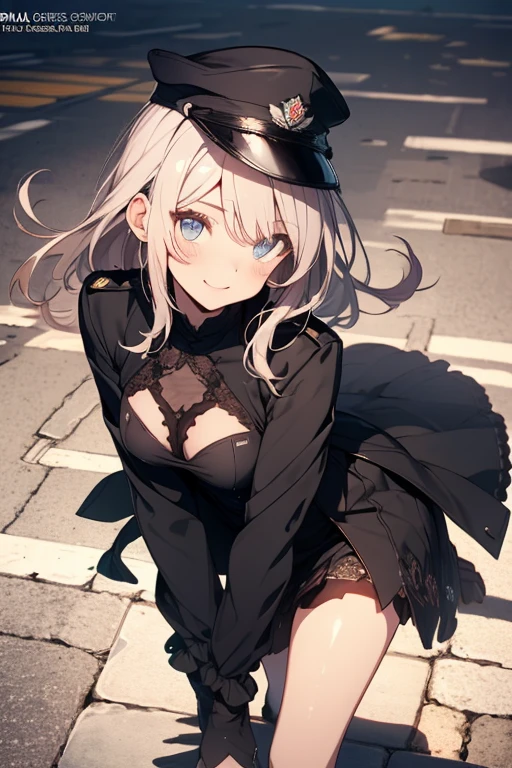 (thick_thighs:1.4), 1girl, solo, long hair, breasts, looking at viewer, bangs, blue eyes, small breasts, gloves, long sleeves, hat, cleavage, jewelry, closed mouth, underwear, panties, ass, white hair, thighs, earrings, boots, outdoors, black gloves, shiny, hand up, black footwear, white panties, leotard, black headwear, night, leg up, knee boots, lamppost