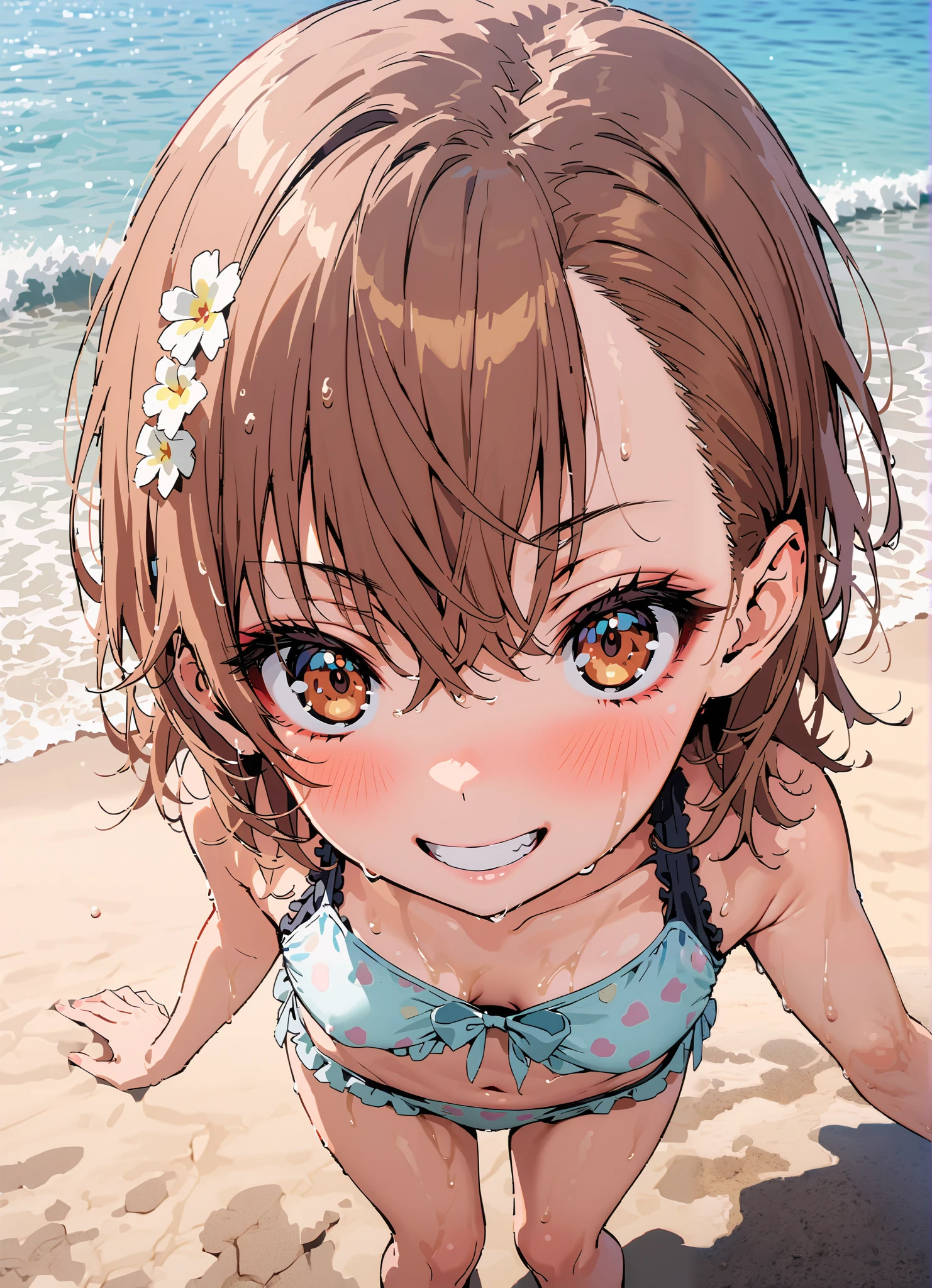 Mikoto and Misaka, Misaka Mikoto ,  short hair, brown hair, hair ornaments close to the garden, hair flower, brown eyes,sunburn, brown skin,Ruffled bikini swimsuit,denim micro shorts,Bare legs,smile,blush, grin ,Bare legs,standing,wet skin,wet hair, wet swimsuit ,full bodyがイラストに入るように,                                       break outdoors,strand,sea,
break looking at viewer,full body,
break (masterpiece:1.2),Best Quality , kampala, Unity 8K Wallpaper ,(shape:0.8),(  fine, beautiful eyes  :1.6),It's a person ,full body写真,CG Details , (perfect hands, complete anatomy),