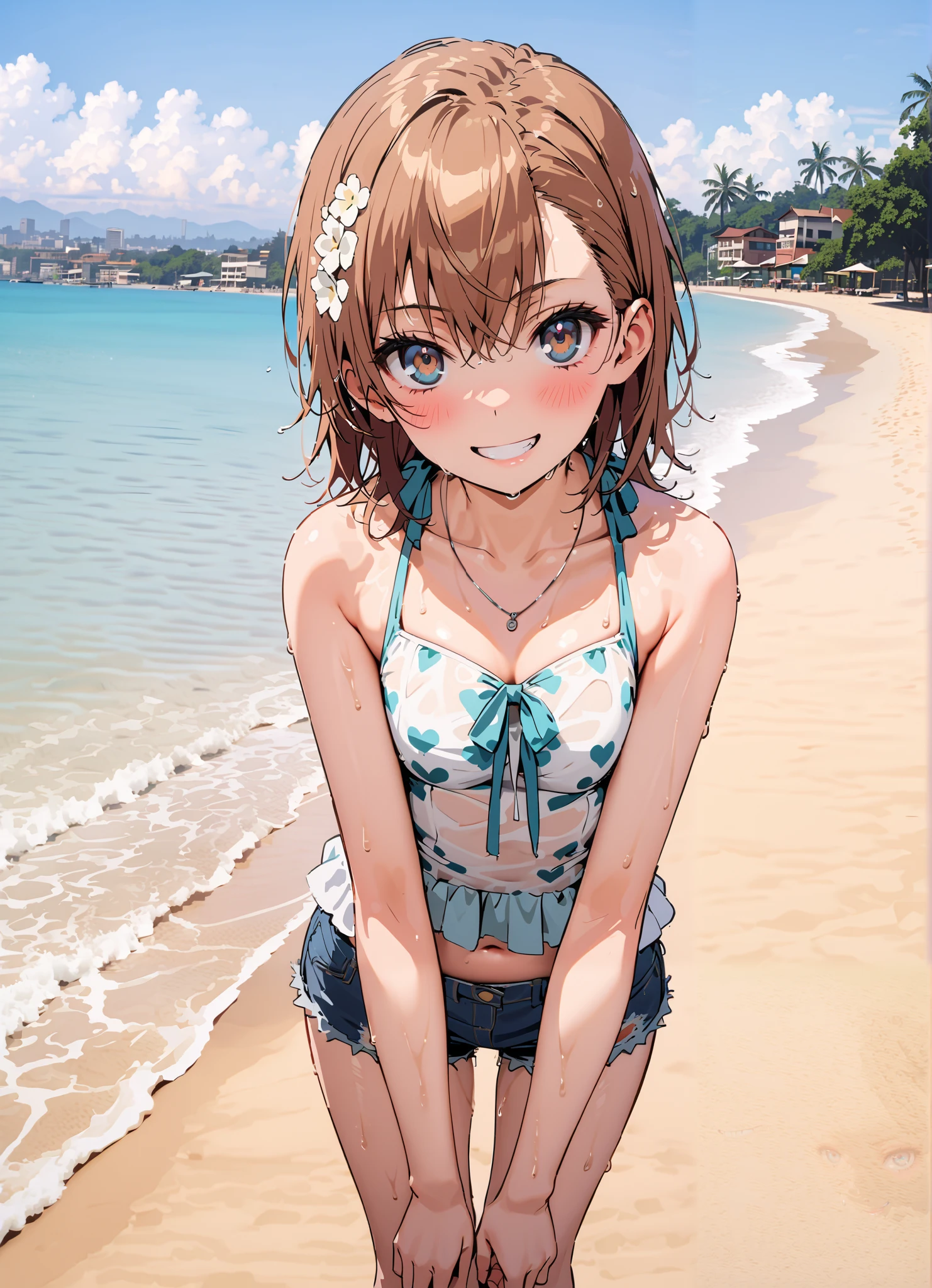 Mikoto and Misaka, Misaka Mikoto , short hair, brown hair, hair ornaments close to the garden, hair flower, brown eyes,sunburn, brown skin,Ruffled bikini swimsuit,denim micro shorts,Bare legs,smile,blush, grin ,Bare legs,standing,wet skin,wet hair, wet swimsuit ,full bodyがイラストに入るように, break outdoors,strand,sea,
break looking at viewer,full body,
break (masterpiece:1.2),Best Quality , kampala, Unity 8K Wallpaper ,(shape:0.8),( fine, beautiful eyes :1.6),It's a person ,full body写真,CG Details , (perfect hands, complete anatomy),