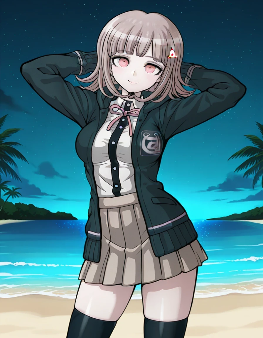 nanami chiaki, game screencap, hairclip, neck ribbon, pink ribbon, black hoodie, open hoodie, hood down, collared shirt, white shirt, two-tone shirt, long sleeves, shirt tucked in, pleated skirt, brown skirt, miniskirt, zettai ryouiki, black thighhighs, flipped hair, medium hair, light brown hair, pink eyes, bangs, shiny skin, high quality, solo, night sky, beach, hands behind head, ((contrapposto)), closed mouth, cowboy shot, looking at viewer, smile, best quality