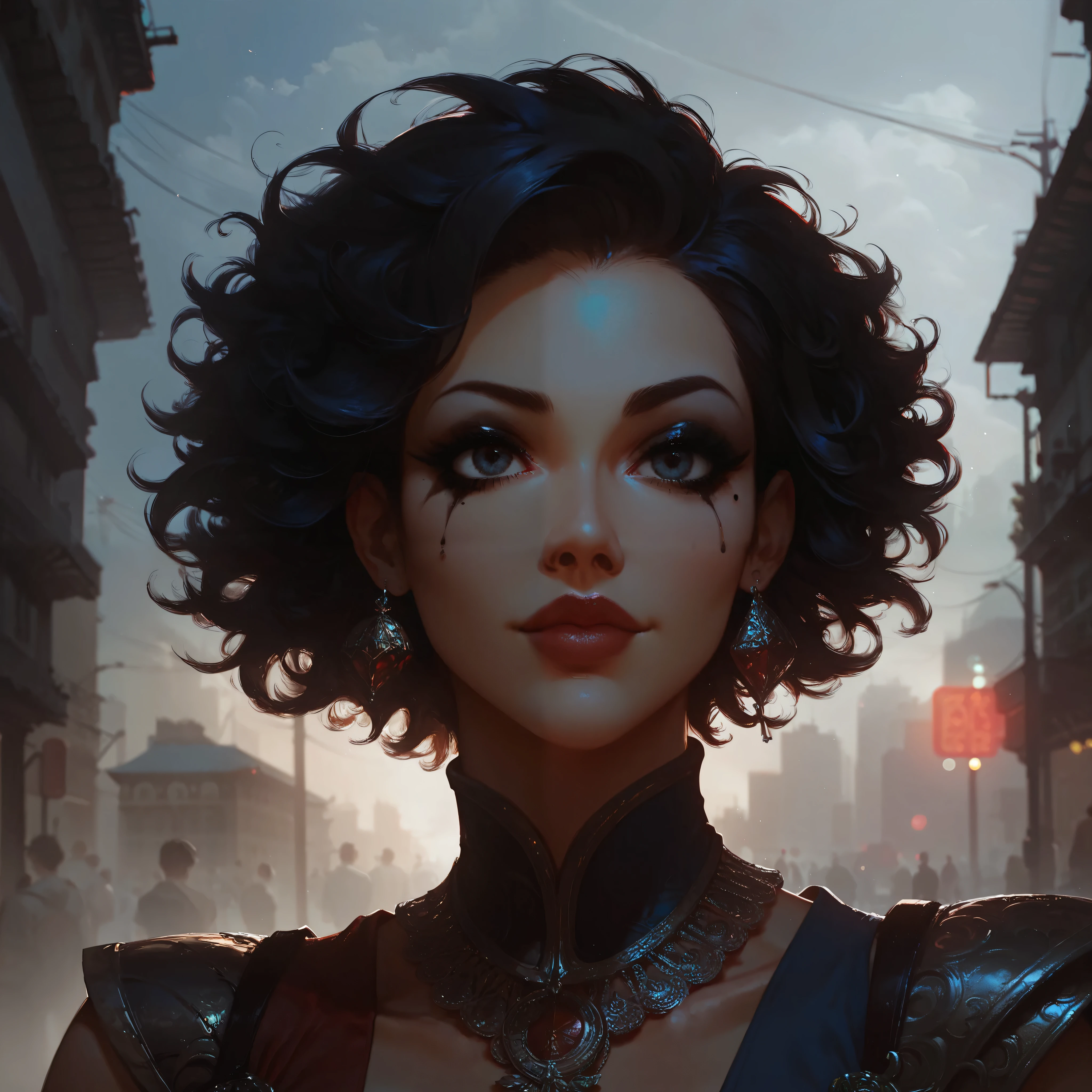 Beautiful girl , portrait from the waist up, short bright red disheveled hair, black eyeshadow , (street style clothing:1.2), ( urban background:1.2), Dark makeup, digital art, trends on ArtStation , highly details, fine detail , intricate, beautiful details glow, details, cinematic lighting, high resolution, details facial features,sharp focus, smooth, aesthetic ,