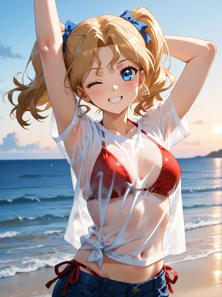 (best quality, masterpiece), 1girl, upper body, paw pose, smile, laughing, happy, ocean, crop top, shorts, blonde, freckles, blush, looking at viewer, wavy hair, long hair, cloud, splashing, waves, sun, mountain, wet
, sultry look, seductive,