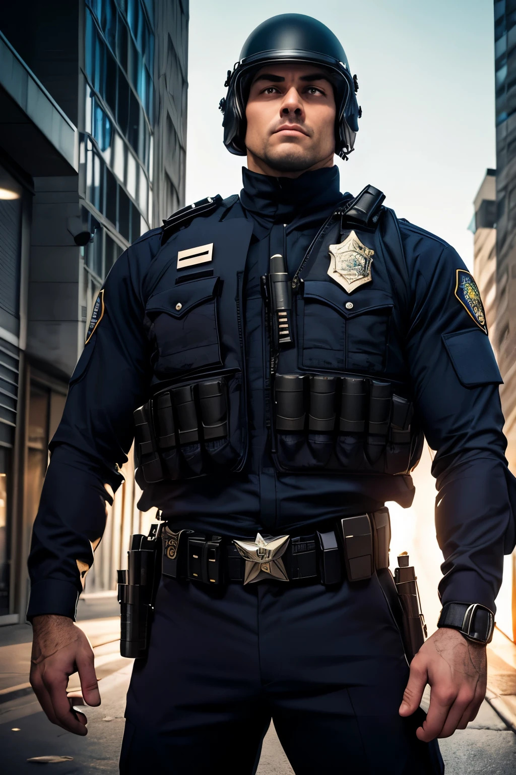 Three police officers posing with confident and heroic expressions, wearing sleek and imposing uniforms with advanced tactical armor. Their outfits feature bulletproof vests, utility belts, and modern helmets or caps, giving them a powerful and authoritative presence. The background is a dramatic urban setting with subtle lighting that highlights their strength and professionalism.