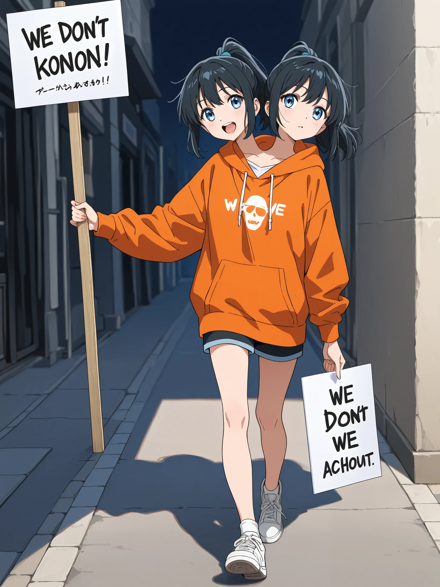 highest quality, Ultra-high resolution, (Realistic: )2D official style cel animation,((Two girls sitting side by side))Denim mini skirt,(Lace panties),loose socks,sneakers,Full body portrait,(From below),Station stairs,sunny,blush、Spread your legs、from the front
