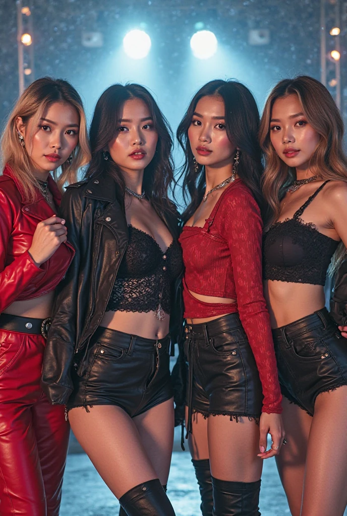 A Jennie wears a black top and black latex skirt and takes a photo in front of the mirror, He has very very long and intense orange hair, small waist, beautiful woman, Perfect woman, deep orange hair, Jennie has orange hair, Blackpink