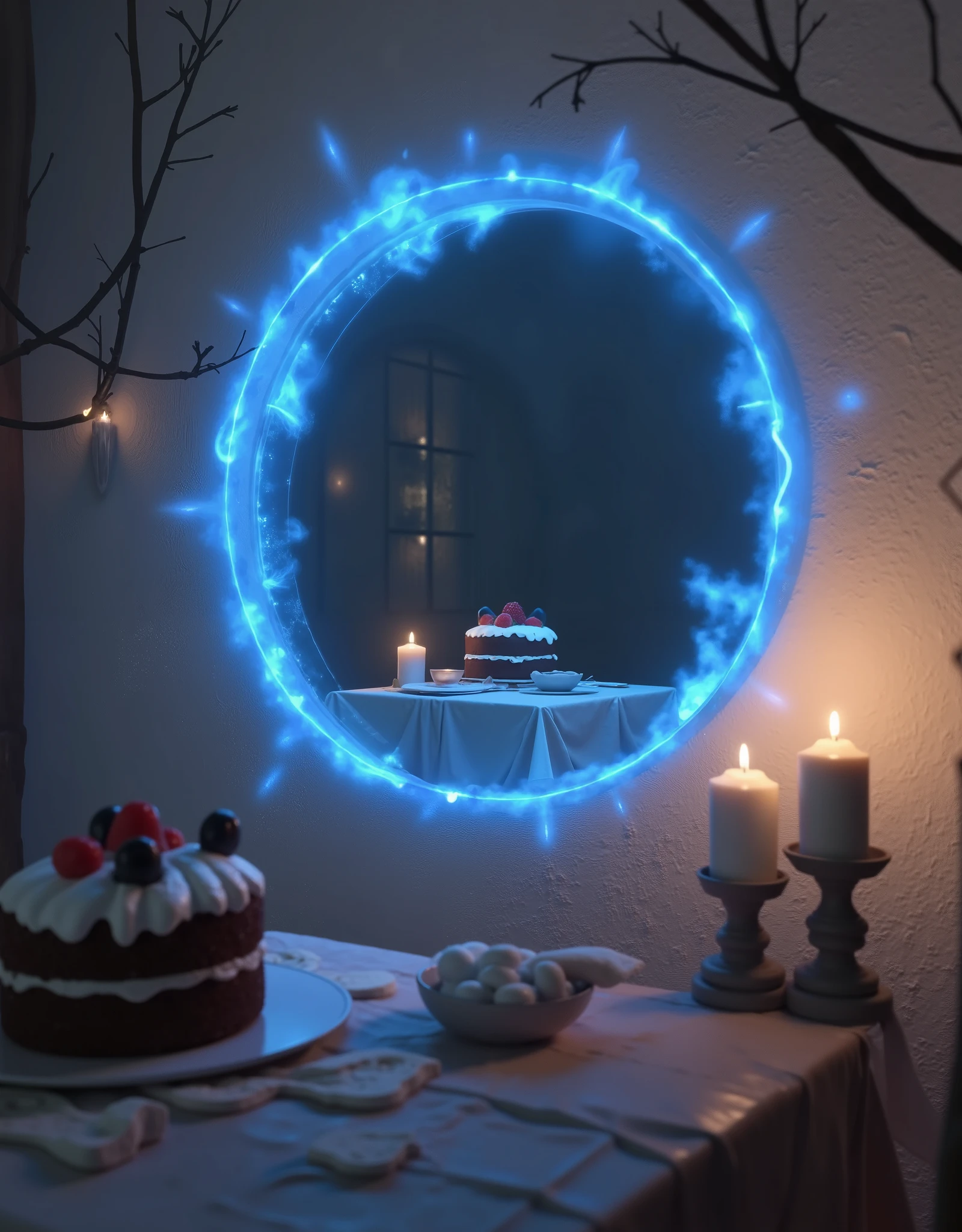 portal._219, a portal with a glowing blue border on a white wall, on the other side of the portal you can see a "Black Forest Cake" on a small table, one lit candle on the cake