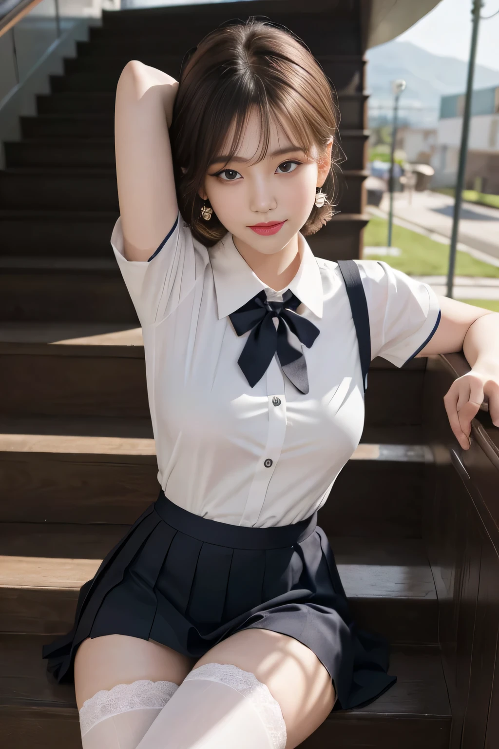 (8x_NMKD-Superscale_150000_G),(8K, Super high quality,highest quality),(masterpiece:1.5),(cowboy shot),Two girls, 16 years old, standing in front of blackboard in school classroom, ((No unification of faces)), ((Drawing their clothes in unity)), (bow tie, sailor uniform, navy blue sports panties, navy blue socks), smiling, beautiful slender, low Ponytail