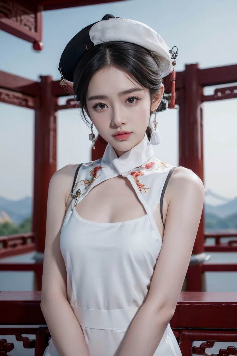 1 girl, hair accessories, alone, flower, hair flower, candle, earrings, jewelry, black hair, black eyes, Fuzzy, Lips, Red Lips, looking at the audience, tassel, Depth of Field, cosmetics, actual,(Red_clothing:1.3),chinese clothing, 碎flower, Upper Body, Medium breasts, Off-shoulder