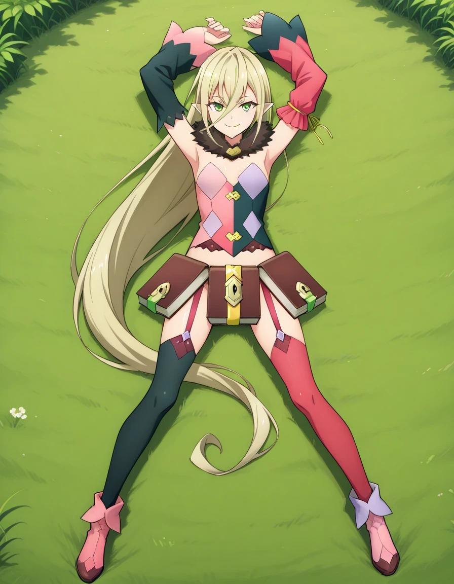 M4gil0u, green eyes, pointy ears, blonde hair, very long hair, hair between eyes, fur collar, multicolored vest, strapless, detached sleeves, mismatched sleeves, book skirt, asymmetrical legwear, thighhighs, garter straps, anime screenshot, shiny skin, high quality, solo, lying, on back, grass, (arms up), legs apart, closed mouth, full body, looking at viewer, from above, smile, best quality