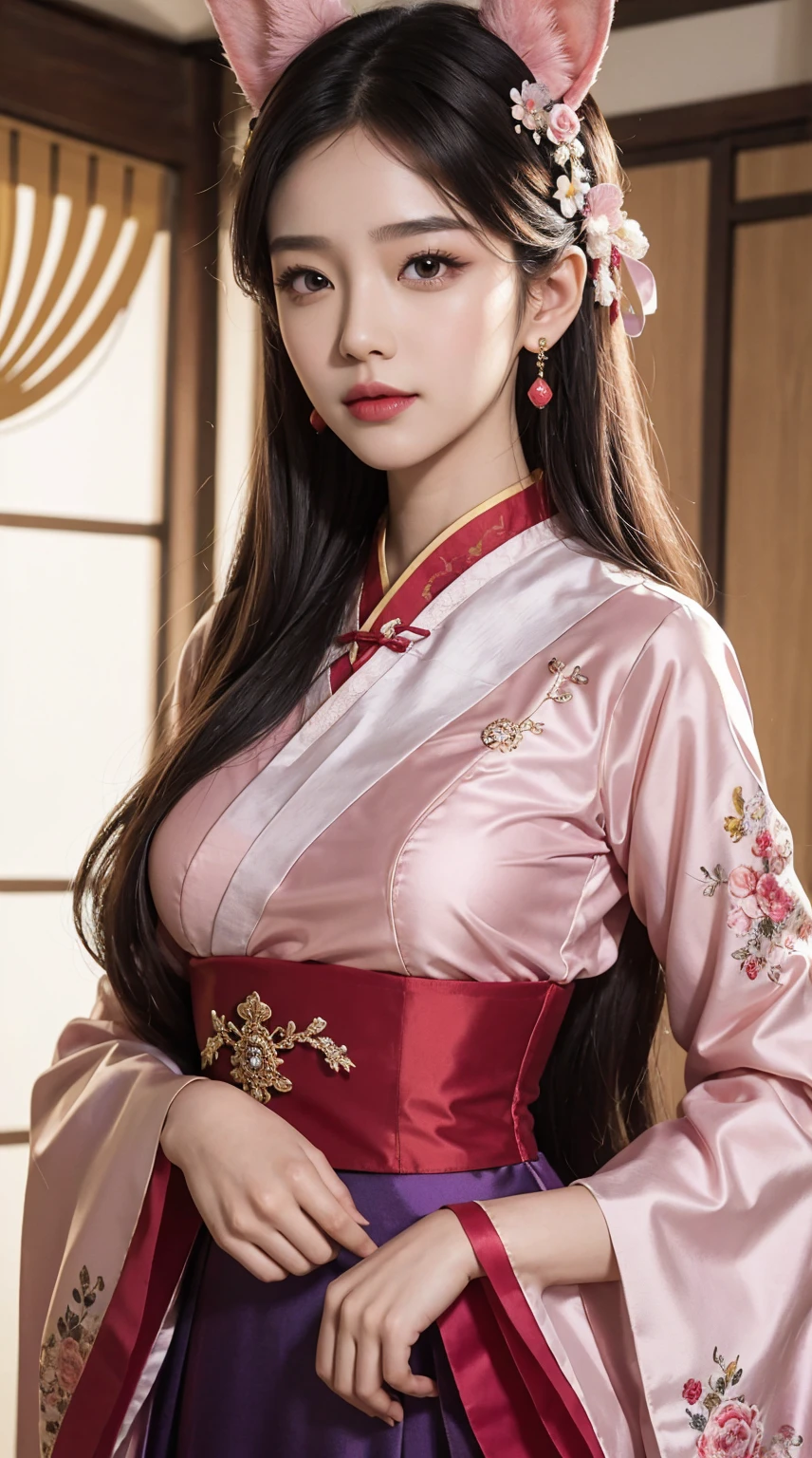 (best quality:1.4),(masterpiece:1.4),(photorealistic:1.4),(Realistic:1.2),(ultra high res, raw photo:1.4),(hdr, hyperdetailed:1.2),(8K:1.2),cinematic photo 1girl,(black long straight hair:1.2),standing,pink chinese clothes,