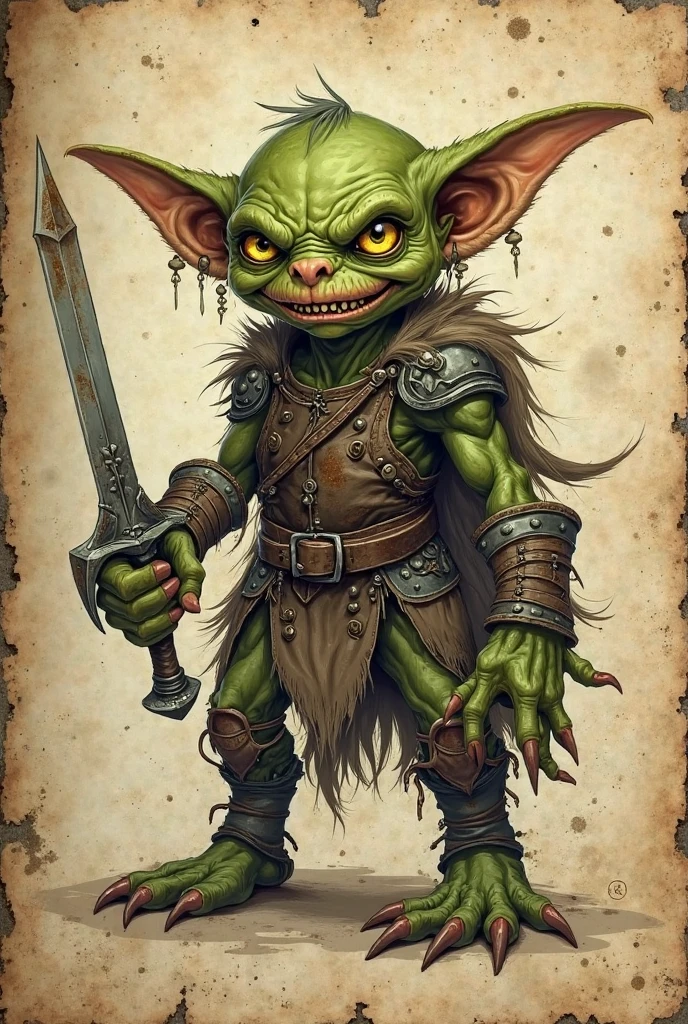 Goblin queen with large yellow eyes, a large toothy grin, pudgy stomach, chainmail coif, steel helmet, chainmail bikini, black dreadlocks, short and stout stature, brown leather poncho, drawing, simple lines, no shading, shorter ears
