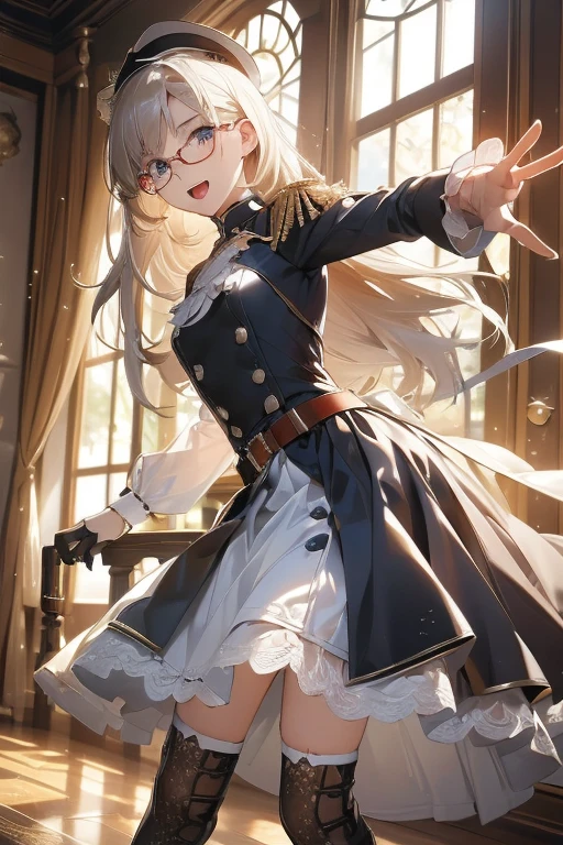 (from below:1.2),(masterpiece), (best quality), ultra-detailed, very aesthetic, sharp focus, depth of field, vibrant colors, ray tracing, best lighting, detailed background, cinematic, beautiful face, beautiful eyes, 1girl, solo, ,hand,style_name, medium_breasts, medium hips, voluminous thighs, smile,blonde color hair, (Dynamic and sexy bending pose:1.3),detailed facial features,detailed clothes features, (perky chest:1.1), (pointed chest:1.3), delicate beautiful face, Bright blue eyes, cute eyes, sparkling eyes, Big eyes, beautiful detailed eyes,(from below:1.4, best quality ), girl , Platinum color hair military uniform , The dreamer wants purplish blue eyes ,(small breasts:1.0), Lori will do it, (masterpiece:1.2, best quality ), (Beautiful detailed depiction : 1.2), ( beautiful detailed face ), (fix_hands),(fix_arms),(fix_feet), (fix_fingers),(fix_glasses), ((( HDR,UHD,8K, best quality,masterpiece ))), 1girl, High school girls, red frame glasses,cheerful,walking, very aesthetic, absurdres,(beautiful eyes, detailed eyes:1.2),hand_on_hip:1.2,best_quality, masterpiece,((detailed_eyes)),((correct_anatomy)),(Military_dress,lolita_fashion),Military_hat,jacket,belt,gloves,Military_boots,(Military_coat),black_thighhighs,frilled_skirt,(frills,laces), (japanese_sword_sheathed_on_waist),perfect natural light, ,open mouth, (Military_dress,lolita_fashion magazine cover:1.3), (tight focus:1.2, from below), sexy posing,(with sparkling eyes and a contagious smile),her thin pubic hair, looking at viewer,
