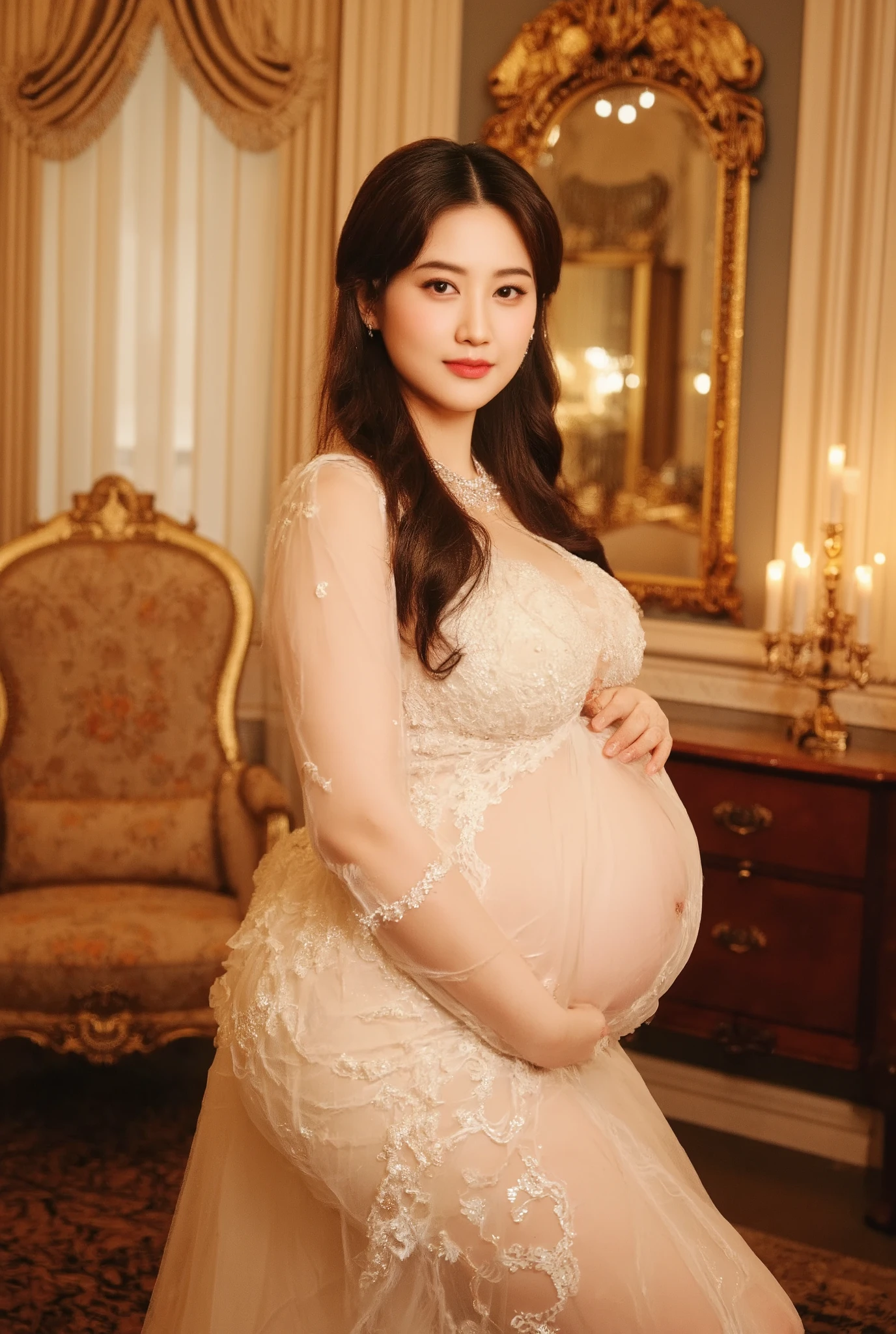 (top-quality, masterpiece, 8K HDR high-resolution, NSFW, ultra-wide full body portrait), (a 20yo young beautiful gorgeous voluptuous thick busty curvy Asian), perfect large perky breasts, straight long hair, evening with bright candles light, natural beautiful light skin, Cambodian goddess, perfect cute attractive face, perfect sexy pregnant belly, perfect thick curvy body with big sexy booty, wearing a white pretty sexy tight thin elegant sheer short flowery transparent wedding dress , high heels, sweet seductive smile, (stand and pose seductively, elegantly and provocatively in a luxury fancy mansion), (showing big breasts and perfect round sexy pregnant belly), (luxurious big necklace and earrings), look directly and sharply and smile seductively at the camera, (full-body portrait standing showing the entire body and long beautiful sexy slender legs, big booty)