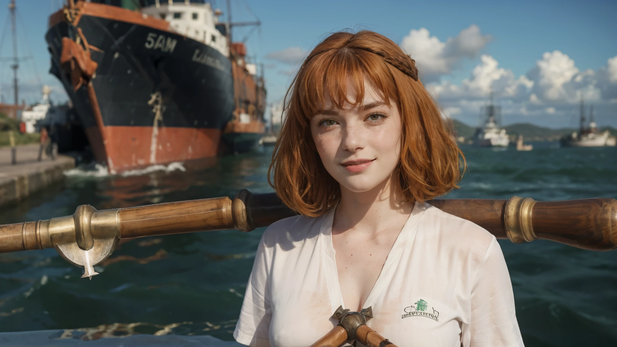 (masterpiece), best quality, expressive eyes, perfect face, multilevel marketing, midriff, Areolae, long ginger hair, Hairclips, limbus salesmen woman, perfect anatomy, (((holding an harpoon weapon))), (((closeup face))), tall woman with a muscular physique and long, orange ginger hair, hair with bangs, freckles, forehead, topless, green eyes, irish woman, tight shirts, bulk, chubby, fatty, foot, bra, sweaty, sweat look, full Body, working, small breasts, fishing, laying down, ships background, leather shoes, tall, Ireland woman, belt, ((white shirt)), smiling warmly, walking, agressive look, harpoon as job, trouser leggings, harbor ship environmental, ((skyclad)), Ireland background, ((chest freckles)), harbor, (seaman employee))), Weasleys, ((Hermione)), (((moby dick))), maritime, with captain ahab