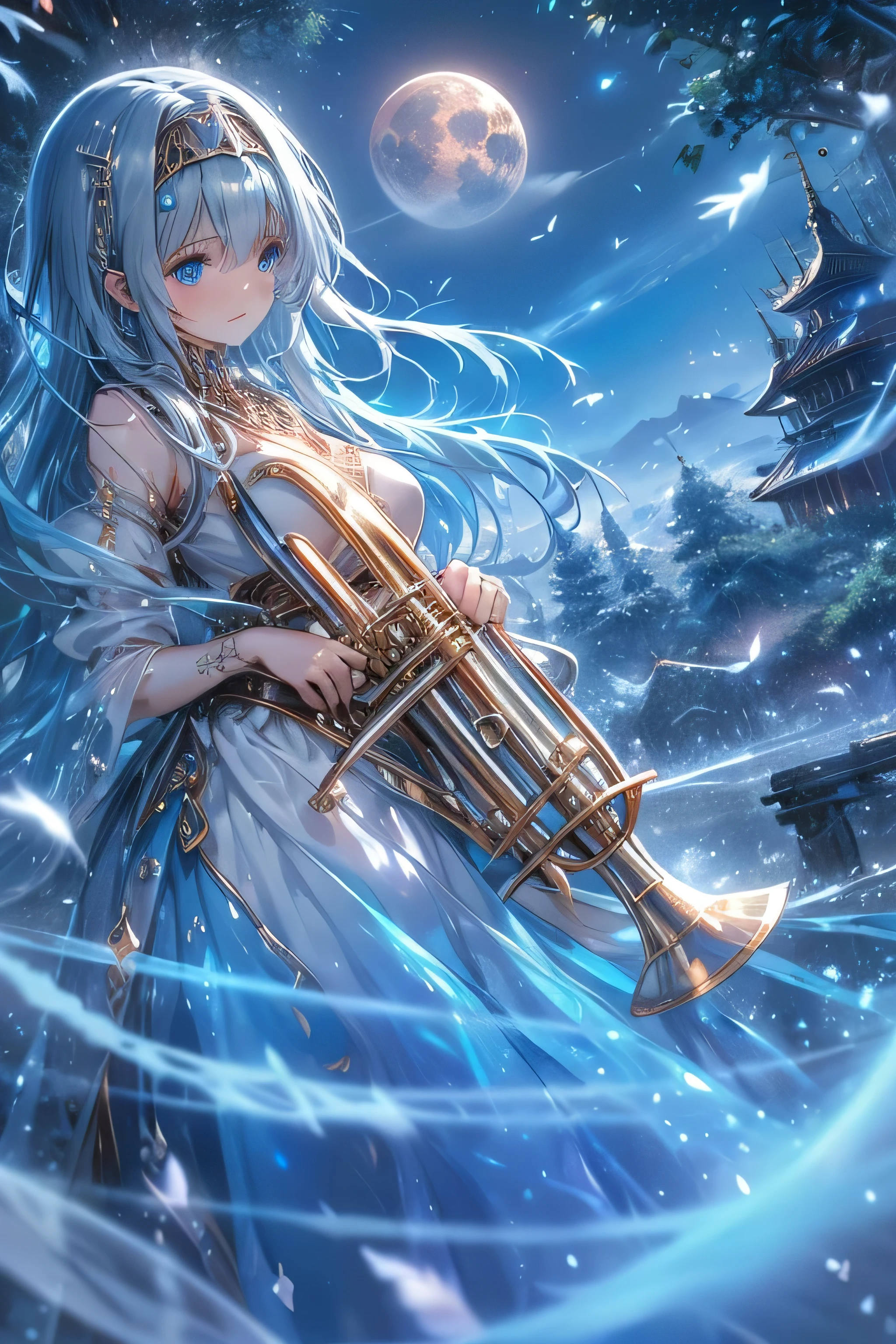 (((SFW、Highest quality、 First Class Masterpiece 、 Normal Body 、8k、 detailed face 、 very accurate、 Goddess of Unity 、5reference、Highest))) 、blue eyes、 Blue Hair 、 long hair、 short、Big Breasts、 slender、 slim 、Pink Heart Dirty Belly Print、 muscle exposure、 Half naked 、Ultra Thin Transparent Pure White Dress、Ultra Thin Transparent Pure White Mini Skirt、 Slave's Iron Collar 、 trumpet playing on an instrument、 Heavenly Wings、 where i lived 、moon、null、null in、 sacred、at the Iron Factory, nothing , Highest品質, Big white feather