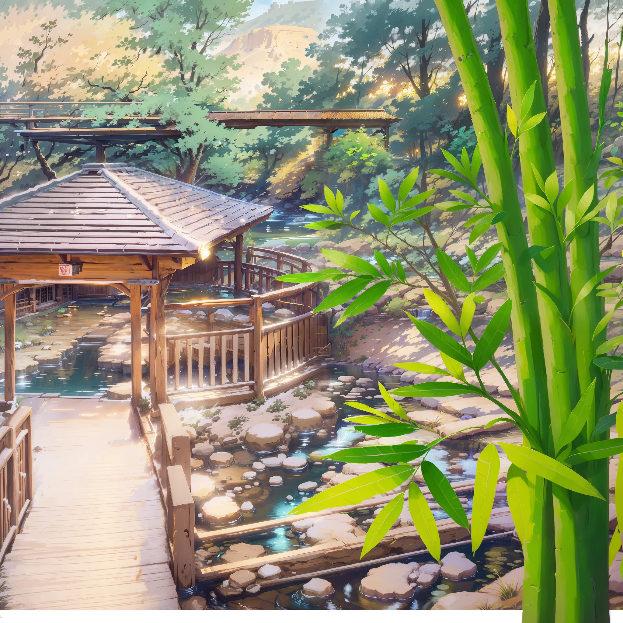 countryside、stream、 blue sky、anime style、masterpiece、 Scenery of hot springs、 The inside of the building is a hot spring、 river