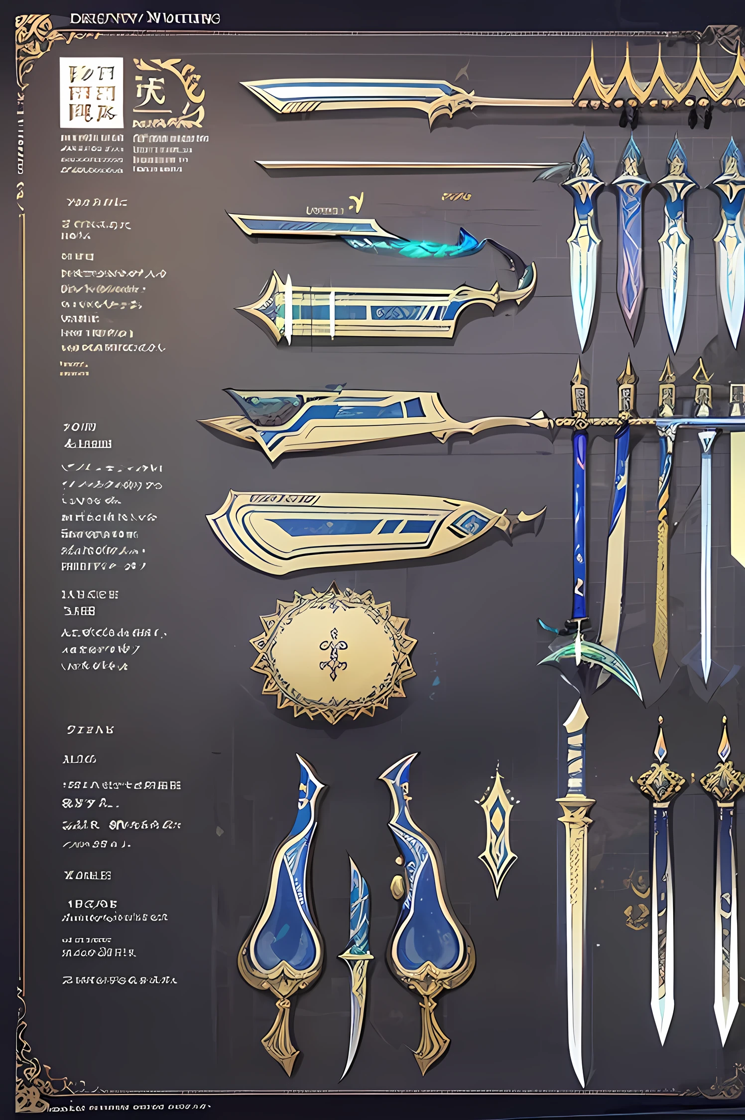 Design sheet, reference sheet, magic weapons, glowing weapons, swords, axes, magic staff, weapons, description of weapons, side view, front view, blueprint, design