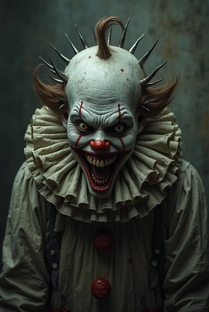 Assume an image of a clown with spikes on his head and fat