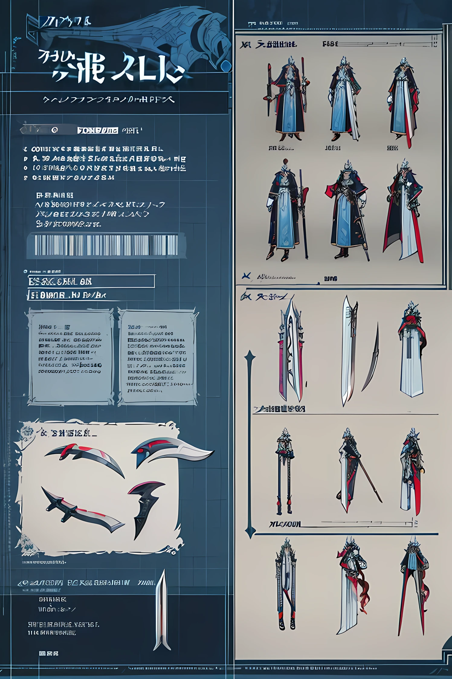 Design sheet, reference sheet, magic weapons, glowing weapons, swords, axes, magic staff, weapons, description of weapons, side view, front view, blueprint, design