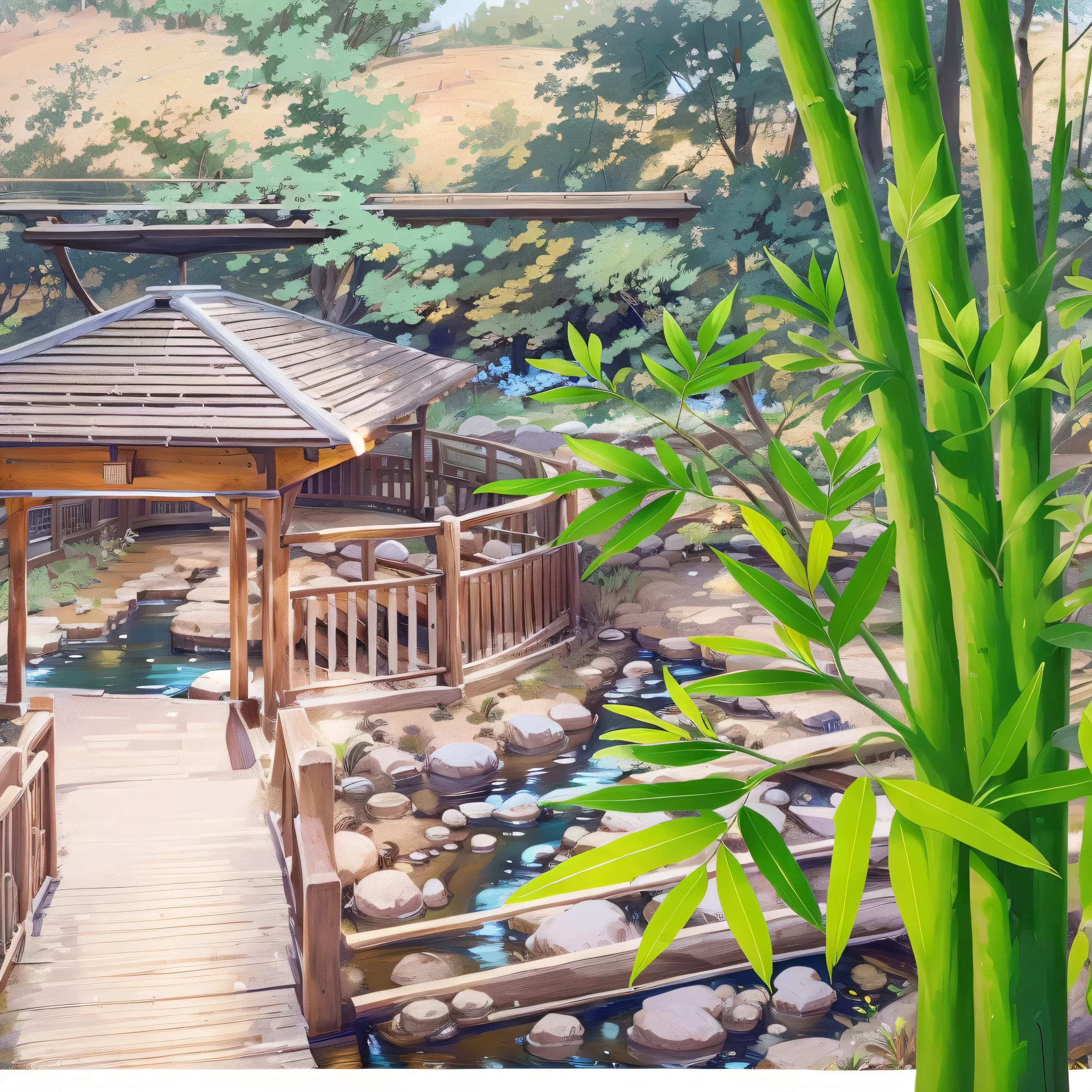 countryside、stream、 blue sky、anime style、masterpiece、 Scenery of hot springs、 The inside of the building is a hot spring、 river