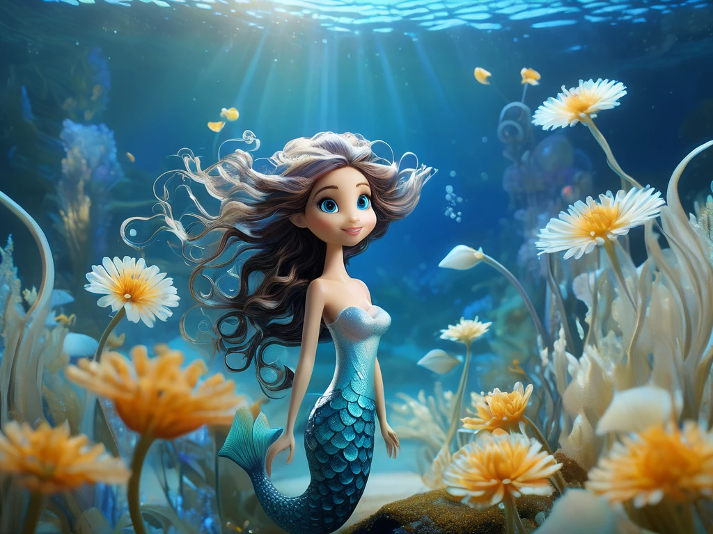 Light Black Mermaid, swimming, look fox eyes and black, dark brown 3D curly hair with light brown highlights, half below the shoulder, round face and visible cheeks, blue tail realistic photo