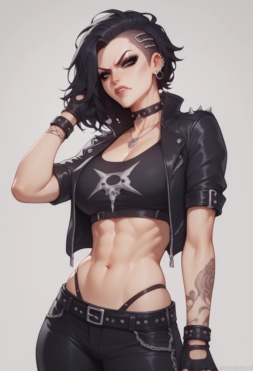((score_9, score_8_up, score_7_up, score_6_up), (adult, seductive face, seductive expression), seductive, long straight black hair, abs, big breasts, bra, open leather jacket, unzipped leather pants, eyepatch, red eyes, red lips, eyeliner, earrings, necklace, Nyantcha Style, shadow, soft light, source_anime, rating_explicit,