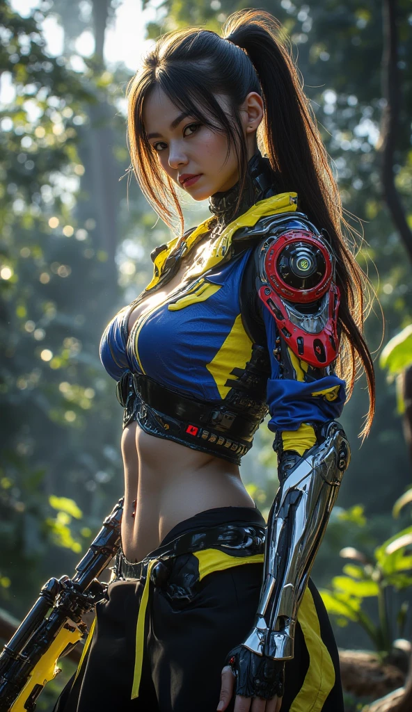 Virtual image,Realistic picture 8k,Top quality,Masterpiece,perfect anatomy,dynamic elements,evening light,Young woman with long brown hair,cyberpunk robot,White, red, orange, gold bikini body ,Turning, legs spread, smiling staring at me. Behind the scenes of the armored warehouse