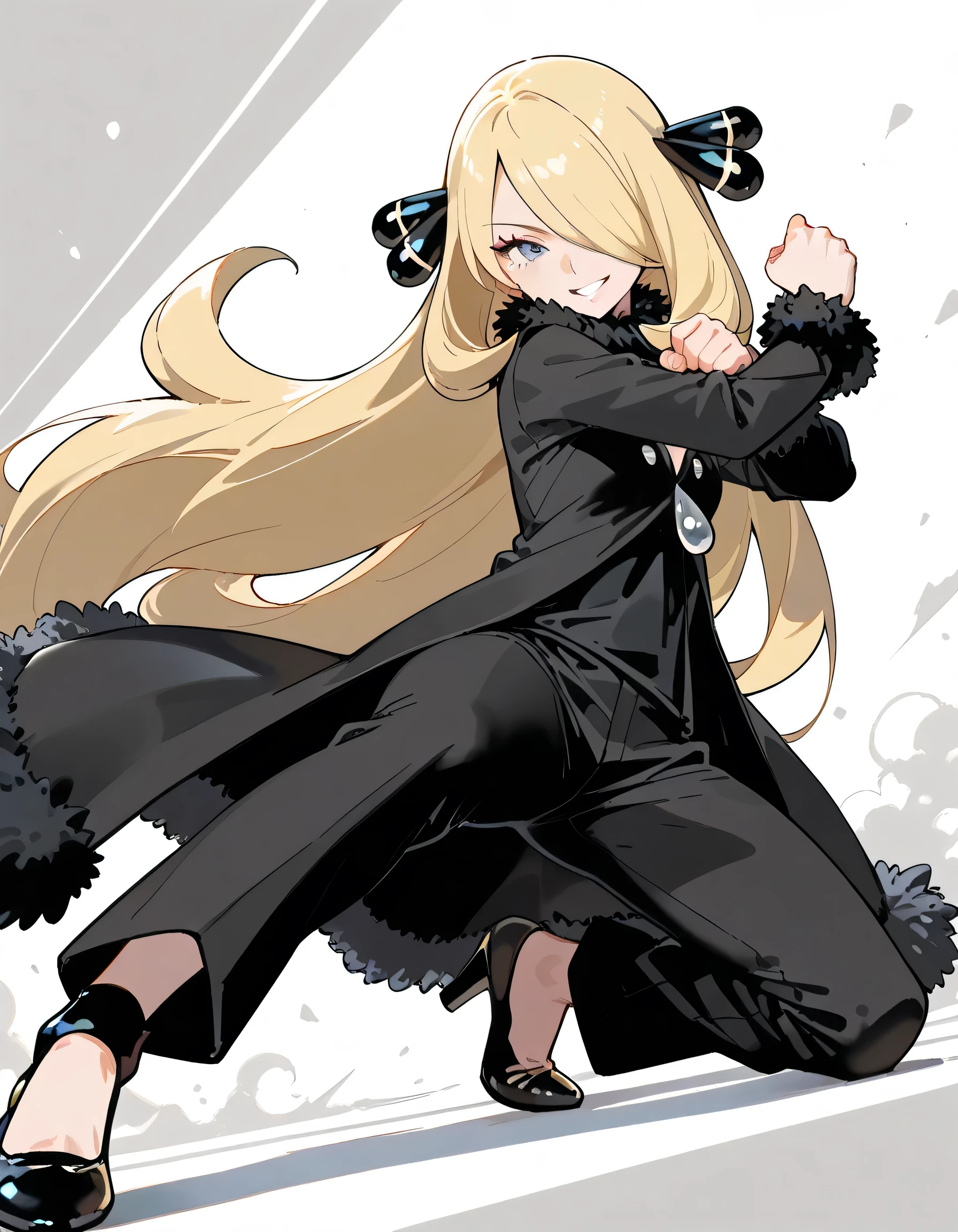 (dynamic angle,dynamic pose),fight stance:1.3,looking away:1.3,pride,grin,solo,18years old,1girl, cynthia \(pokemon\), blonde hair, hair over one eye, very long hair, grey eyes, eyelashes, hair ornament,fur collar, black coat, fur-trimmed coat, long sleeves, black pants, black shirt, high heels,lineart+,pastel flat color background,manga style,illustration,memorial shot,nostalsic scene