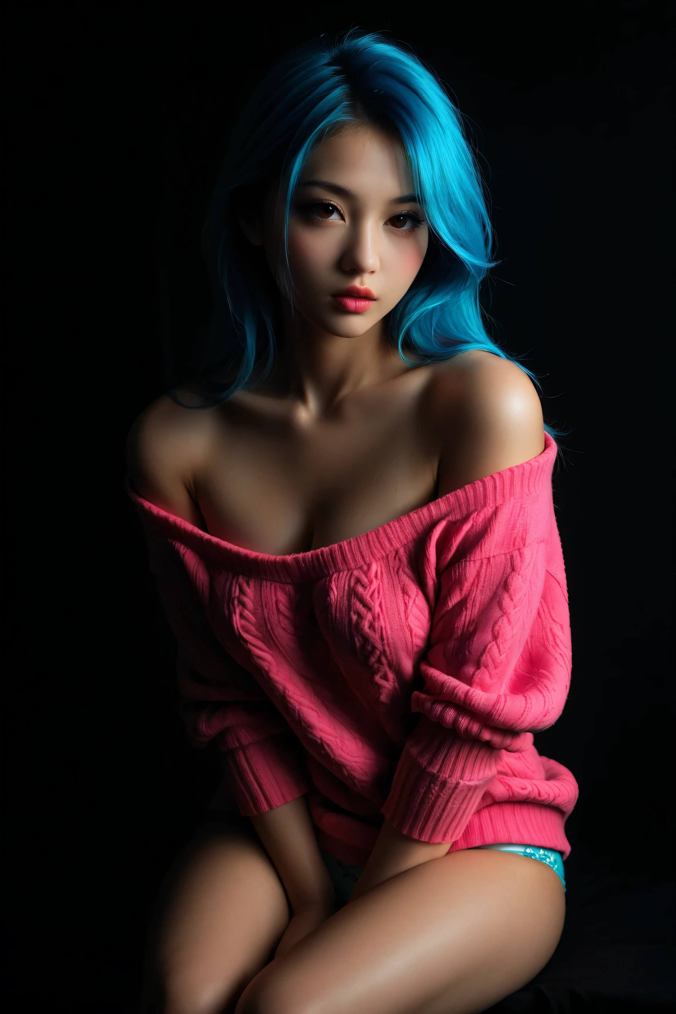 SYNTHWAVE STYLE DESIGN VIBRANT COLORS. medium breasts , cleavage, round breast, young asian girl. off the shoulder sweater, panties, with long blue hair. Full lips.Solid color background, arms behind back, sitting,