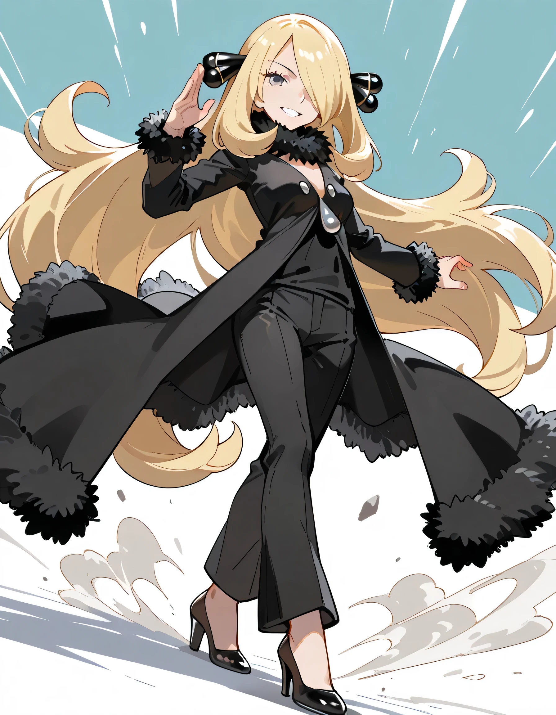 (dynamic angle,dynamic pose),fight stance:1.3,looking away:1.3,pride,grin,solo,18years old,1girl, cynthia \(pokemon\), blonde hair, hair over one eye, very long hair, grey eyes, eyelashes, hair ornament,fur collar, black coat, fur-trimmed coat, long sleeves, black pants, black shirt, high heels,lineart+,pastel flat color background,manga style,illustration,memorial shot,nostalsic scene