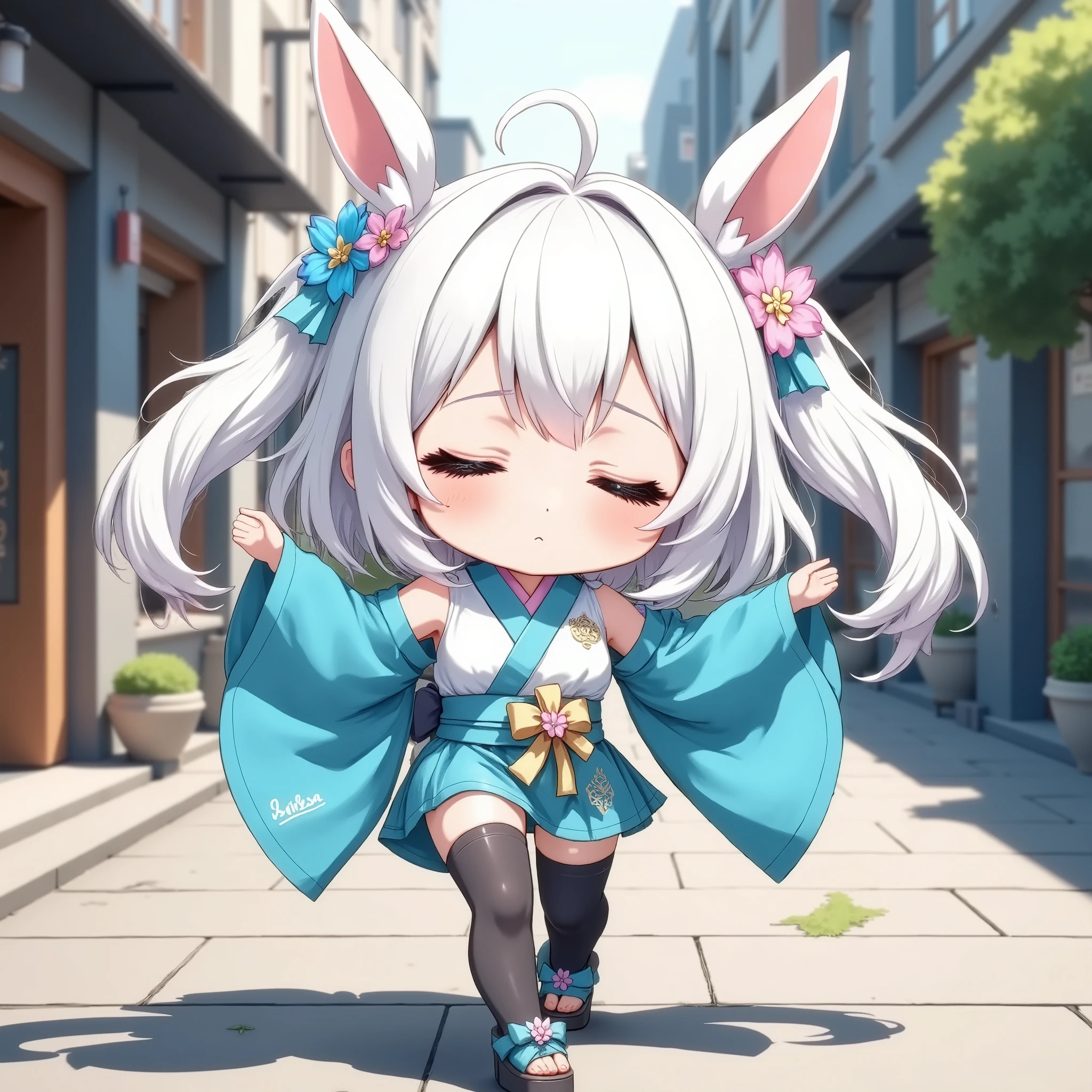 anime illustration,A sleepy chibi character, Her face looks very weak, hatsune-miku cosplay costume. She is wearing japanese clothes. The clothes contains short sleeveless kimono with detached wide sleeves and obi and skirt. She is also wearing black thighhighs with thigh strap and platform sandals. Her has long aqua twintails hair with hair ornament and hair flower., dynamically posing with arms spread wide, one foot slightly lifted, soft natural lighting, realistic shadows, fabric flowing slightly with movement, subtle wind motion, standing in an outdoor urban setting with classical architecture, soft-focus background, ultra-detailed rendering, 8K resolution.