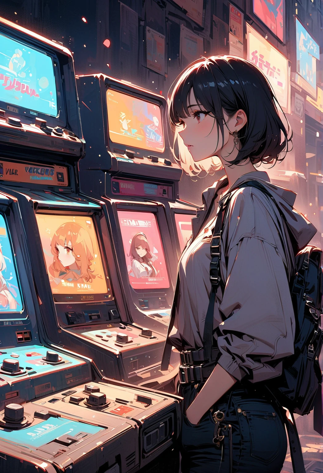 Fashionable glasses、back view, Backwards、Butt、back、back of head、Hips、Hair back、Calf、Very Very Mini Skirt、Panties、Chibi T-shirt、Panty shot、arcade、game machine、Game bench、UFO Catcher、Purikura、Date、forehead、Girl、Girl、Short、Younger、Lower school year、Baby Face、flat chest、Angry face、Dynamic Angle、masterpiece、best quality、ultra-detail、There are customers around、I'm making a mess、Clothing