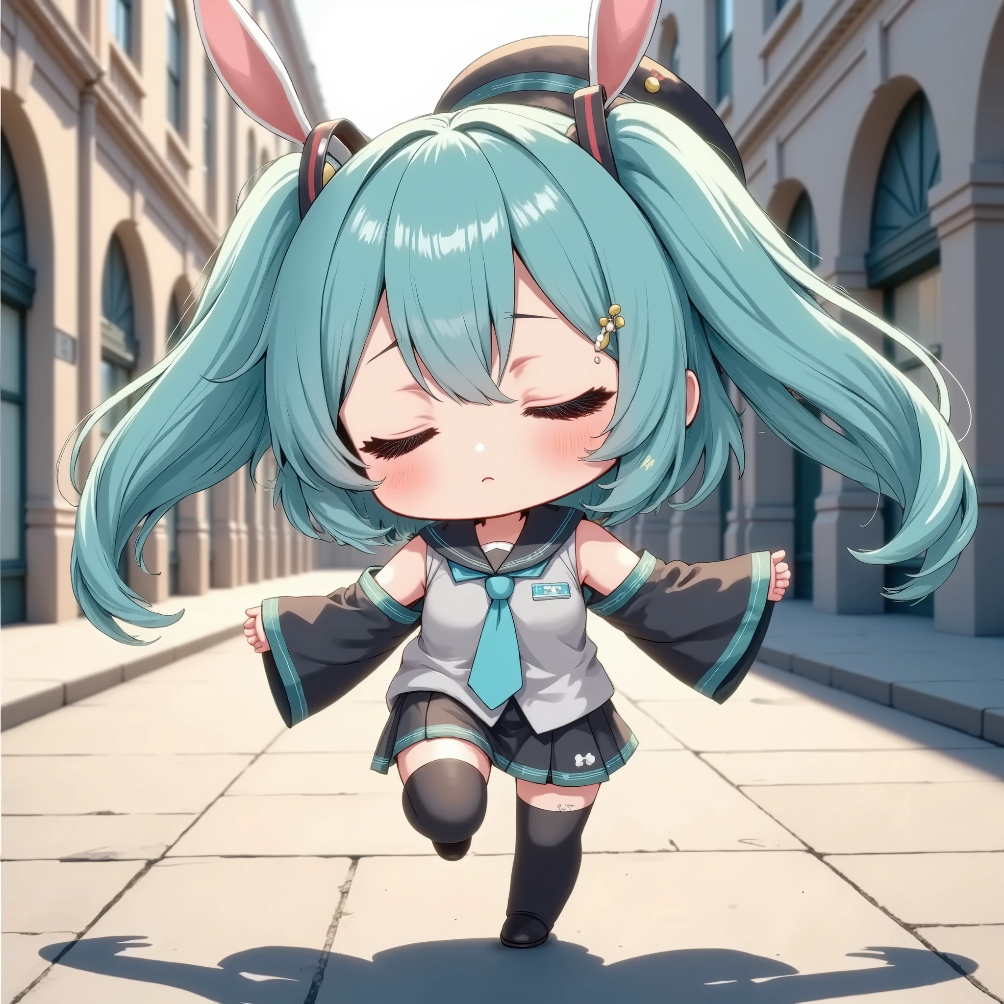 anime illustration,A sleepy chibi character, Her face looks very weak, she is wearing shirt with detached sleeves and necktie and pleated skirt and thigh boots, she has shoulder tattoo and a very long aqua twintails with hair ornament and headset, dynamically posing with arms spread wide, one foot slightly lifted, dressed in miku-cybdating cosplay costume. She is also wearing black pantyhose and black shoes. She has very long aqua twintails hair with black hat. soft natural lighting, realistic shadows, fabric flowing slightly with movement, subtle wind motion, standing in an outdoor urban setting with classical architecture, soft-focus background, ultra-detailed rendering, 8K resolution.