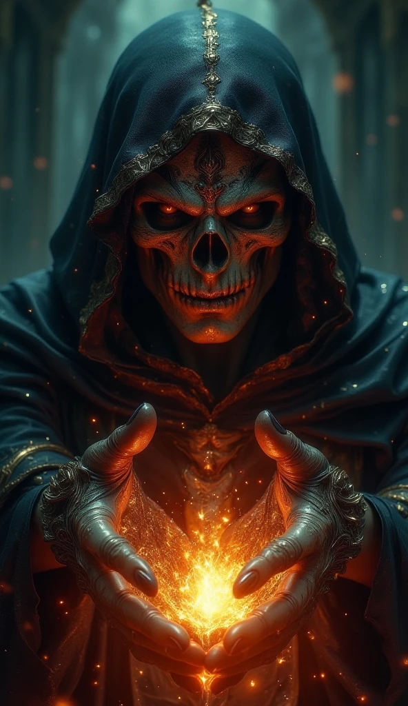8k, extremely detailed, film lighting, a wizard skeleton, with red eyes, holding a crystal ball