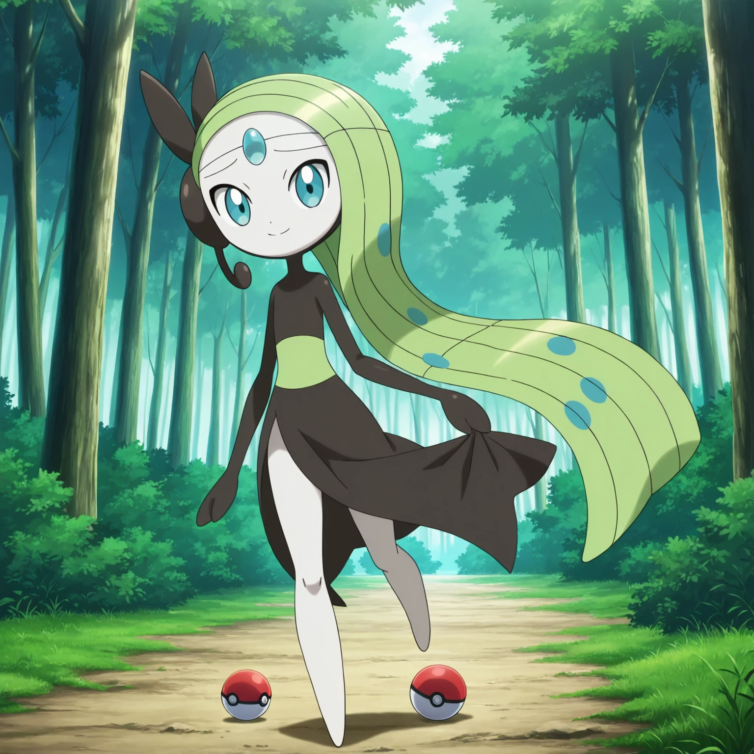 score_9, score_8_up, score_7_up,  source_anime, masterpiece, best quality, anime screencap,source_anime, anatomically correct,solo,
forest,Poké Ball,meloetta/(pokemon/),(sfw),black dress,blue eyes,smile,looking at Poké ball,