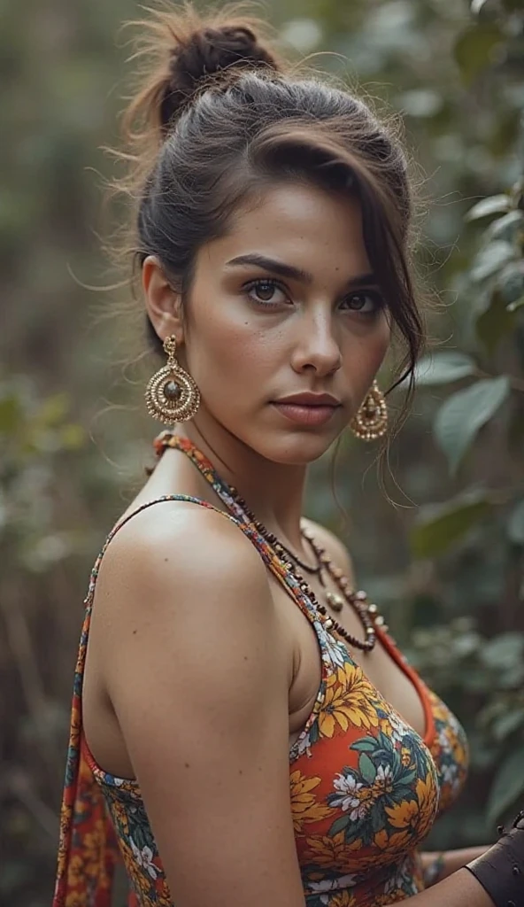 wide shot, 1 woman, age25, Solo, Long hair, wearing a Picasso dress and holding a large K-Bar commando knife, Brown eyes, jewelry, Full body portrait, off shoulders, Realistic, confident expression, determined, dramatic, ultra-high res.photorealistic:.1.4, (high detailed skin:1.2), 8k uhd, dslr, high quality, film grain, Fujifilm XT3