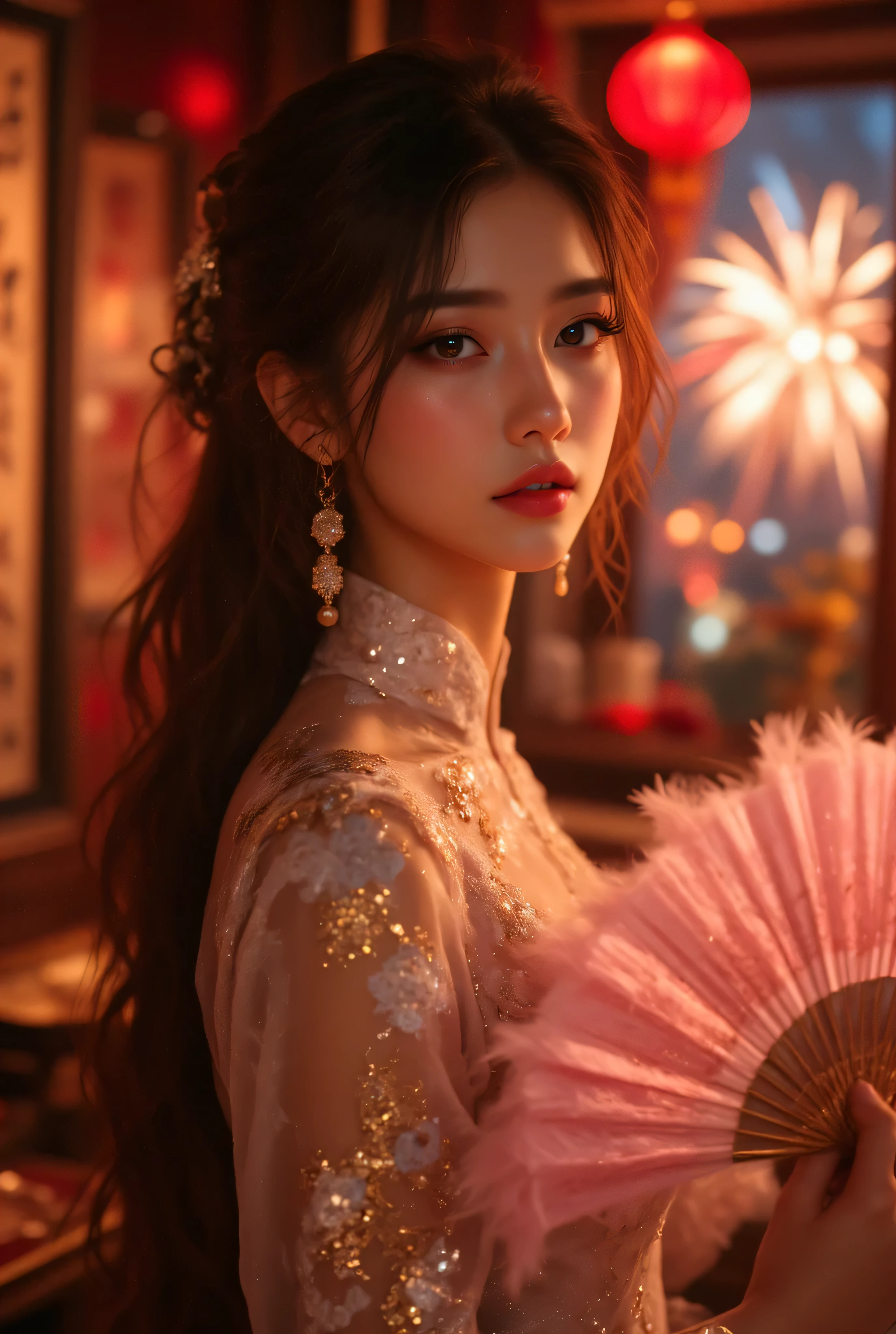 Cat ears、 fßace up, attractive, pretty girl, ponytail、 (( fine facial features , eroticism)), dramatic lighting , realistic , 8k, Dramatic Shadows , intricate and elaborate patterns , super detailed photo , chiaroscuro lighting , Pleasant colors , deep contrast , super real 、 pink lipstick、 pretty earrings, pretty necklace, pretty hairpin, warm room、Vintage Fireplace 、 cinematic composition、Close-up of face, shining jewelry, pretty half part transparent open shoulder loose outfits dress, tang style, A beautiful Korean idol wearing a short colourful tightly cheongsam with phoenix and intricate floral golden embroidery, golden and silver outline on dress, hand with pink feathers paper fan and paper fan have golden ink drawing on it, standing gracefully in a room filled with traditional Chinese New Year decorations. The room features vibrant red lanterns, decorative calligraphy scrolls, a small Chinese orange tree with golden ornaments, and several red envelopes scattered across the floor and hanging from the tree. Adorable, playful cats are part of the scene—some sitting near the tree, others curiously pawing at the red envelopes or lounging around. Through a window or an open door in the background, vibrant Chinese fireworks light up the night sky in an array of reds, golds, and blues, casting a magical glow into the room. The idol’s outfit is paired with subtle accessories like red hairpins or earrings, complementing the festive look. The atmosphere is warm and lively, filled with the joyful essence of the celebration, enhanced by the shimmering lights of the fireworks and the lively decor.