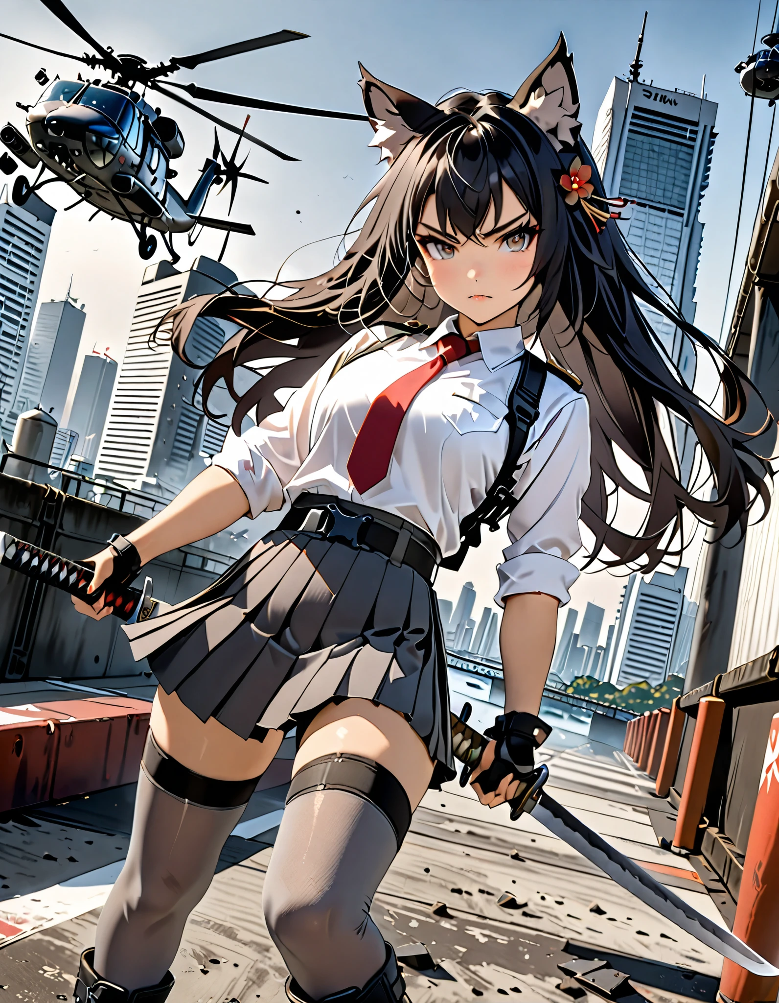 masterpiece, best quality, high res, 4k, 8k, solo focus, 1girl, female samurai, Japanese military officer, (catgirl:1, animal ears, furry ears:1.2), college-aged female, ((long hair, black hair, hair ornament)), white-collared shirt, red necktie, shoulder holster, (full dark grey leggings), (pleated skirt:1.4, biker shorts:1.3), (dark grey high heel boots), ((dual weilding katana swords)), aggressive battle stance, Tokyo skyline, wharf, (a military helicopter hovering above:1.2), concrete ground riddle with bullet holes, dutch angle, intense atmosphere, intense expression. Action shot.