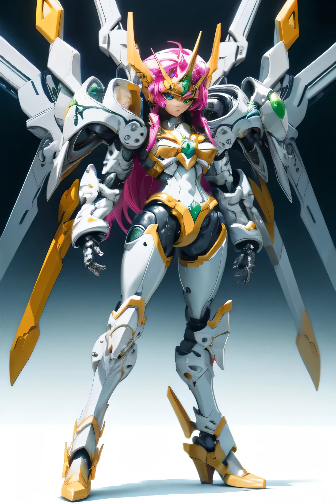 1 girl,Valcione R ,long hair,pink hair near MM,green eye,medium breasts,Mech Armor, robot ,mechanical wings,flying,dramatic,masterpiece,best quality,Hi-Res,Very Delicate and Beautiful,CG,Ultra clear and smooth,serious face,standing,fantasy, Full of Details ,Mechanical Decor,Impressive background, GREAT LIGHTING ,Digital Art,photorealistic,HDR,UHD,studio lighting,Extreme Details,PROFESSIONAL,bright colors,I have a weapon, Beam Sword ,simple background, anatomically correct, anime style,