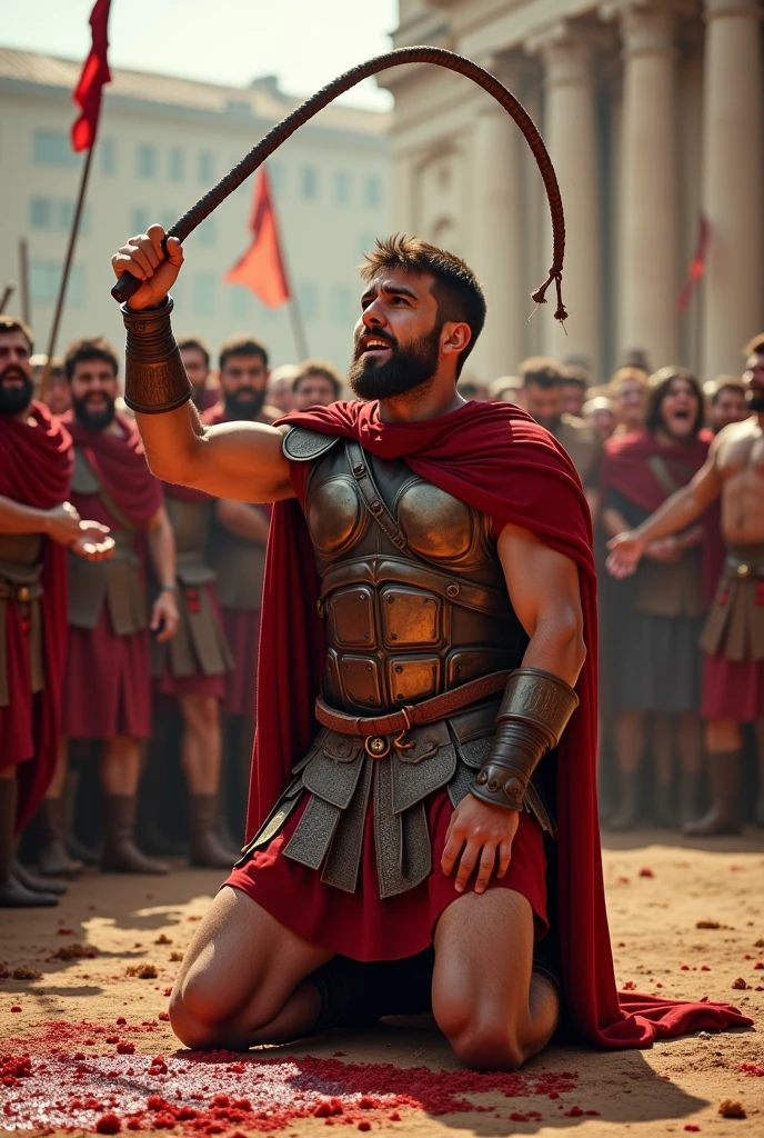 bare-chested Roman soldier, kneeling sad and crying in the middle of a battle that is already over.