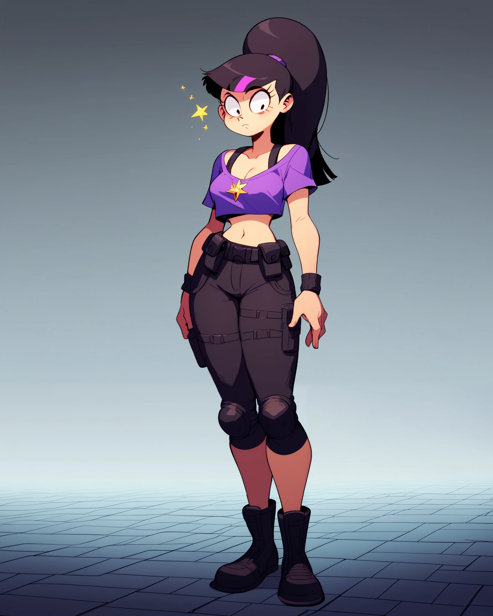 Kate Bishop, also known as Hawkeye, stands confidently within the bustling arcade of Joypolis in Tokyo, Japan.
Her sleek and modern costume, primarily in purple and black, highlights her agility and sharp personality. She wears a purple top with black accents, black tactical pants with knee pads, and stylish black combat boots. Across her chest, a utility belt and strap suggest her readiness for action. Her long, dark hair flows in loose waves, adding a dynamic touch to her striking presence. Warm, ambient lights from the arcade games illuminate her figure, casting gentle shadows that enhance the dramatic atmosphere., tiny toons style, by diives,