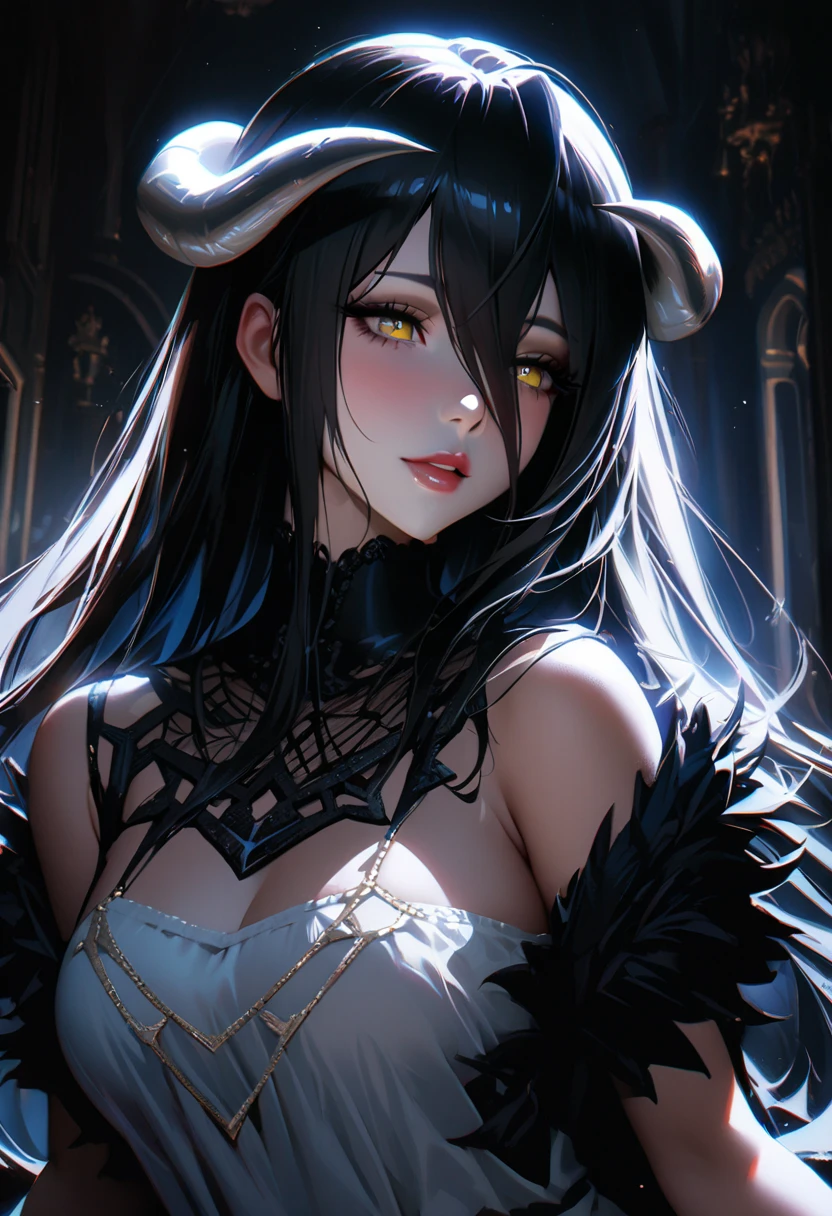 A demonic and seductive looking anime character, with black wings, long dark flowing hair, bright golden eyes, and curved horns like those of a ram. has pale skin, a mischievous smile and a playful and mysterious expression, holding a finger to his lips as if silencing someone. She wears a white dress with intricate detailing and gold accents, along with a blue gem on his chest. The scene is dramatically lit., with soft shadows that enhance her sharp features, as the background fades into darkness, adding an enigmatic and magical touch. The style is a mix of anime fantasy with intricate details, Capturing an intense portrait, close and dynamic