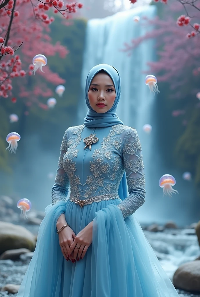 Capture the Malay girl with hijab in a vast cavern filled with towering, sparkling crystals. The radiant crystals reflect the light, casting a surreal and enchanting glow. style raw, pastel color grading, Super 8mm lense, Extreme close-up, Deep Focus cinematography effect