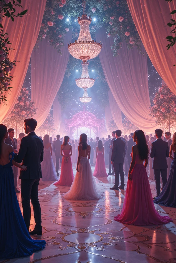 There is a wedding ceremony,A couple standing on stage, Wedding, purple color-theme, stunning arcanum backdrop, glittery wedding, Ethereal and dreamy theme, luxurious wedding, detailed scene, tiffany style, purple color-theme, violet theme, foreground background, fey, Detailed scenery —width 672, Stage background, fairy tale setting, fairy tale style background