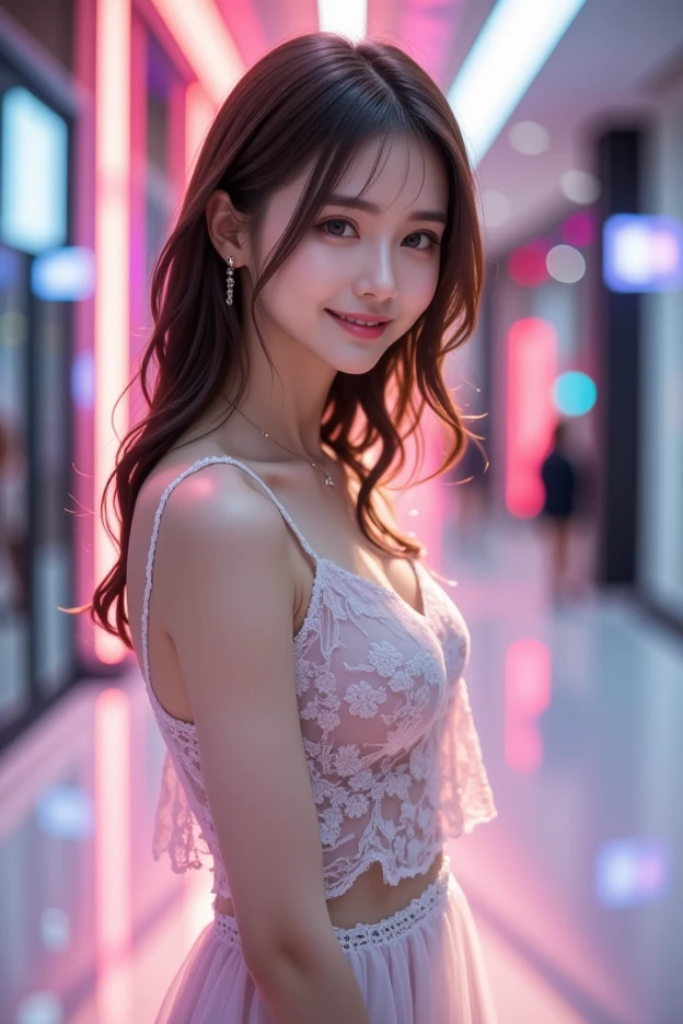 A very cute face like an idol、Looks like a young face、20-year-old female、Gentle and cute、A kind smile、((See-through clothes))、(((whole bodyの姿)))、Cleavage、A crowded bar、Cinema lighting、Natural light、whole body、RAW Photos、Genuine、(Artistic)、High level of artistry、High quality that is indistinguishable from real life、realism、Real Stick、High resolution、masterpiece